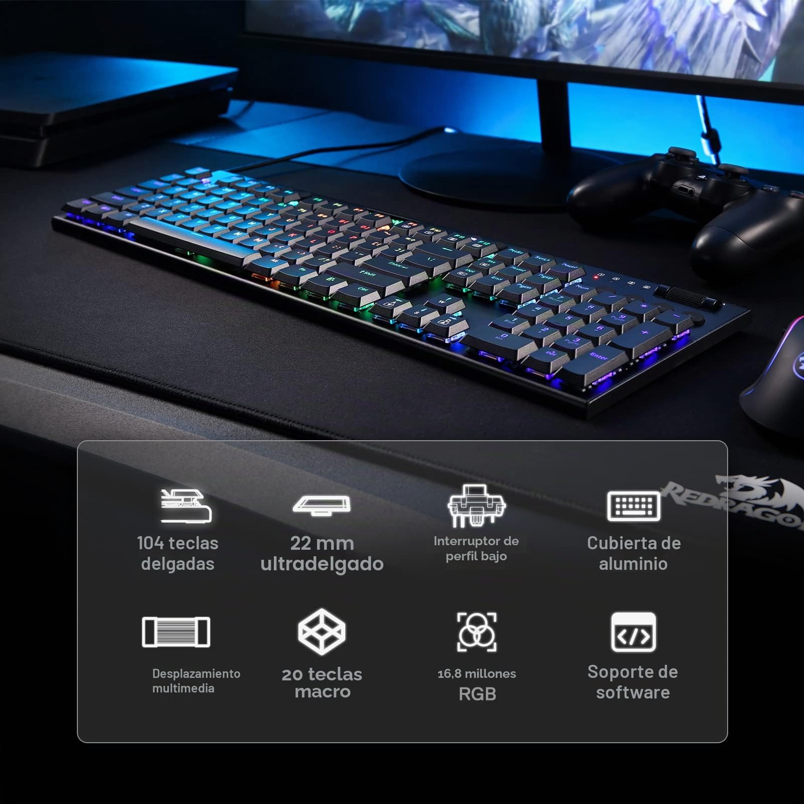 Redragon Teclado mecánico Horus RGB K619, teclado para juegos con cable de diseño ultrafino con teclas de perfil bajo, control multimedia dedicado e interruptor rojo lineal, compatible con software