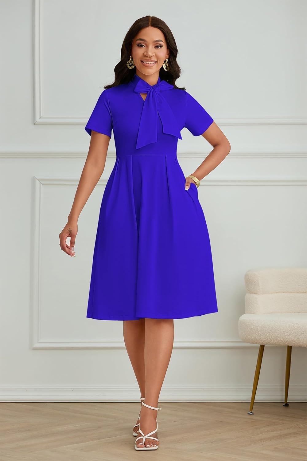 FANDEE Midi Dress for Women Casual Short Sleeve A-line Semi Formal Fit and Flare Dress Classy Tie Neck Work Business Dresses - Image 3