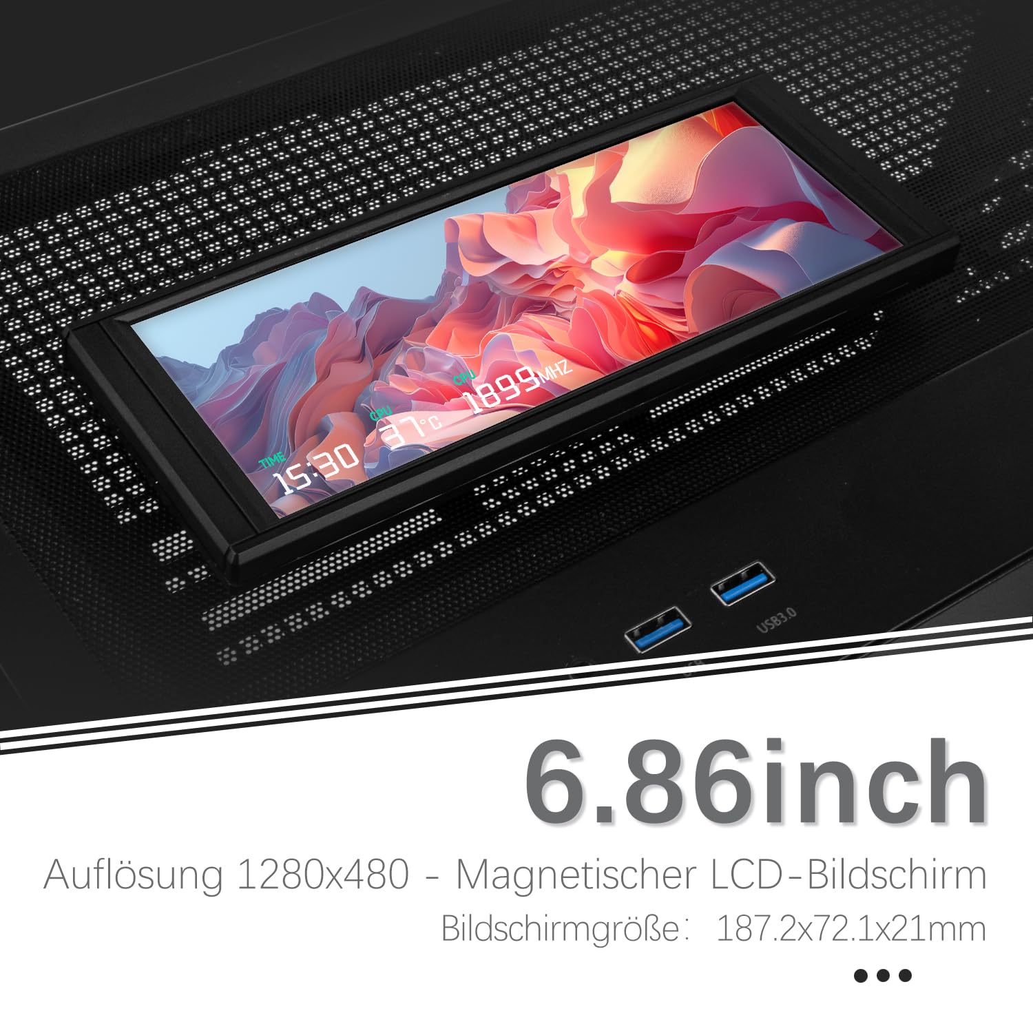 TR Thermalright Trofeo Vision Black Écran LCD IPS 6,86 pouces Résolution 1280 x 480 - Peut être fixé au châssis/refroidisseur liquide du processeur, images/vidéos dynamiques DIY, noir