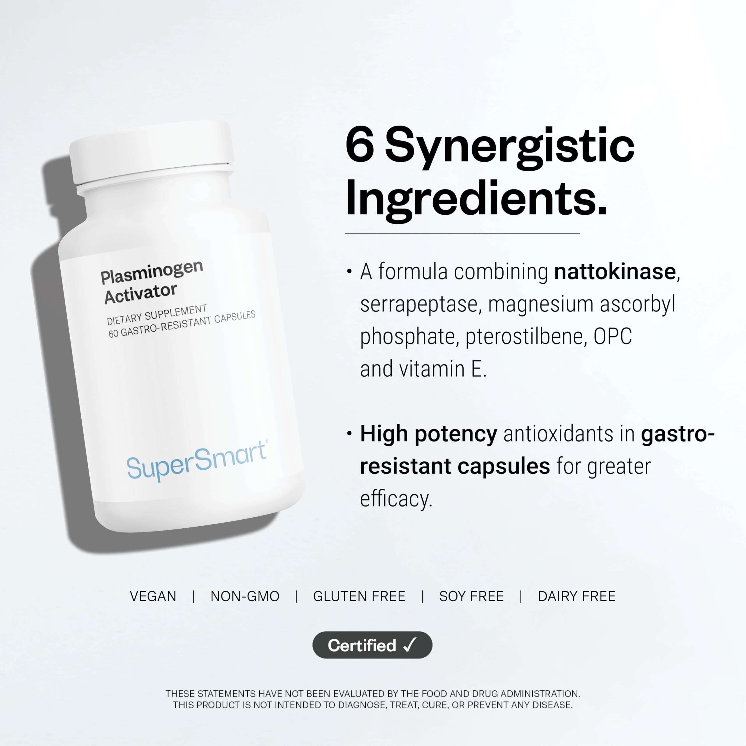 Supersmart Plasminogen Activator (Advanced Formula) - with Pterostilbene, Nattokinase, Serrapeptase, OPC - High Potency Antioxidant Supplement | Non-GMO & Gluten Free - 60 Delayed Release Capsules — Amazon image 6