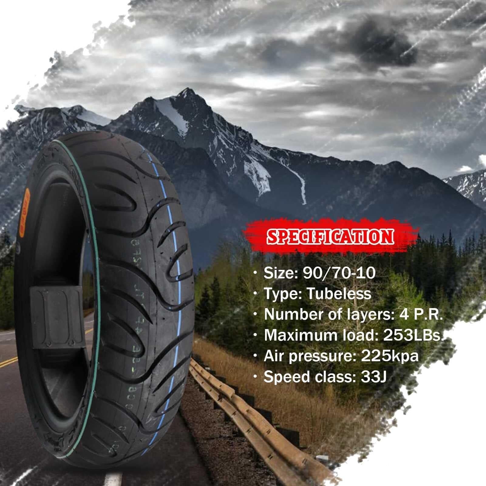 90/70-10 Neumático Sin Cámara para Scooter, 90 70 10 Neumáticos Neumáticos 4PR 225kPa 33J para Rueda Delantera o Trasera de Scooter Eléctrico
