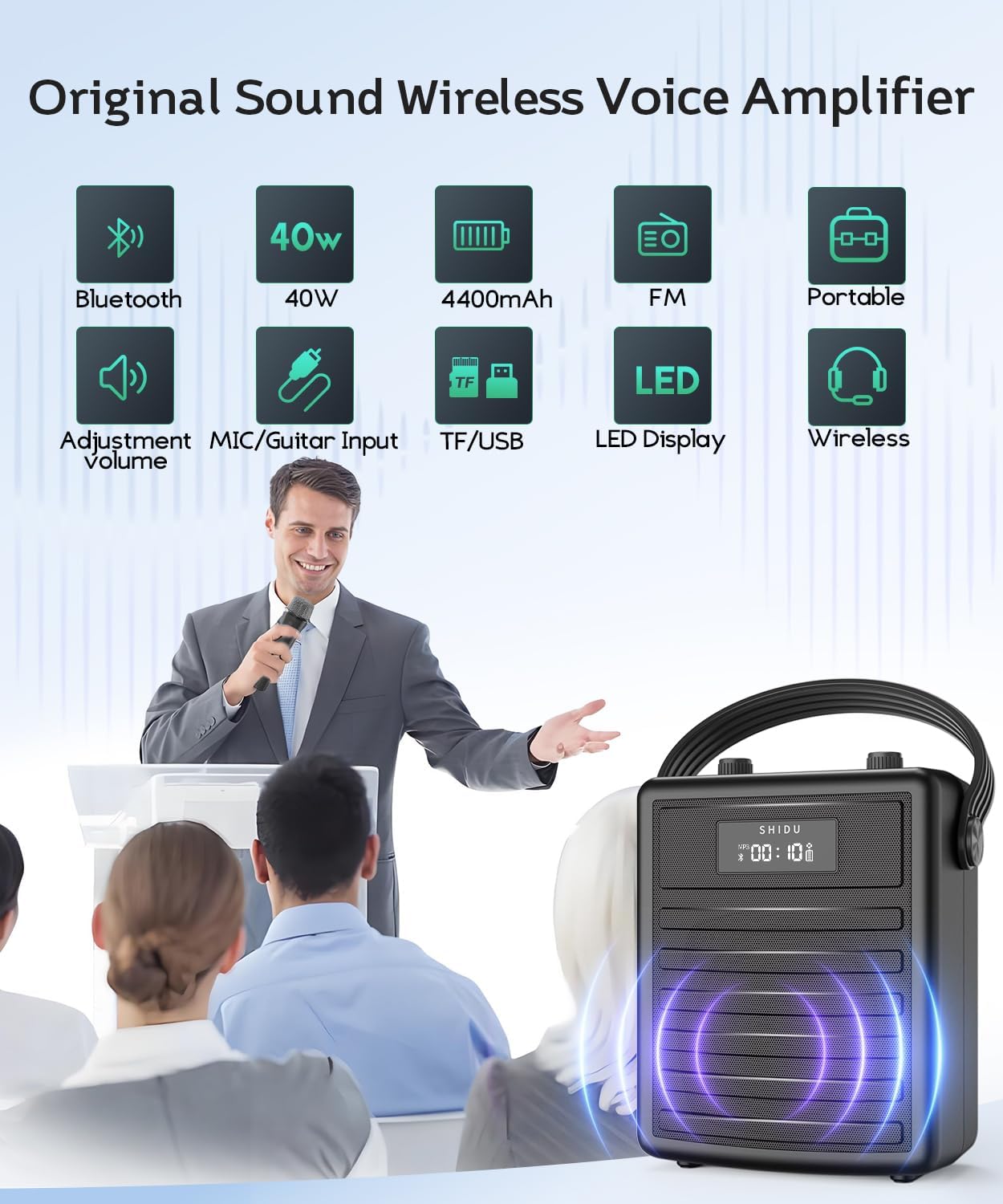 SHIDU 40W Voice Amplifier with Wireless Microphone, Portable PA System with Wireless Headset Mic & Speaker, 40W Loudly Bluetooth Portable Microphone and Speaker for Teacher, Meeting, Speech Events - Image 2