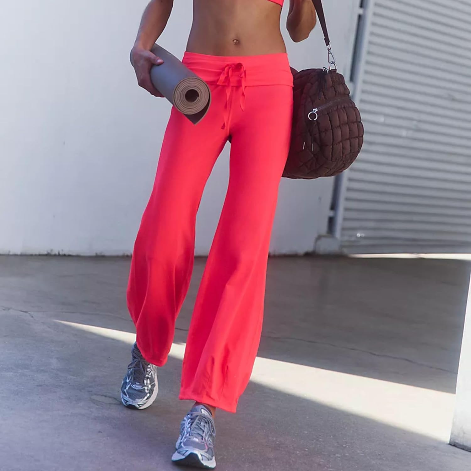 Womens Fold Over Flare Yoga Pants Drawstring Wide Leg Leggings Pilates Workout Gym Straight Lounge Bubble Pants