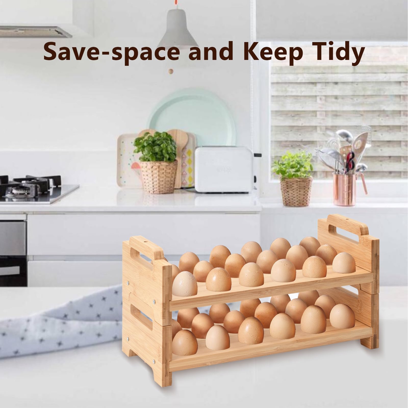 Soporte para huevos de madera de 2 niveles, cesta de huevos para recoger huevos frescos, bandeja de huevos en capas para encimera para 18 huevos, organizador de huevos de nivel para refrigerador de
