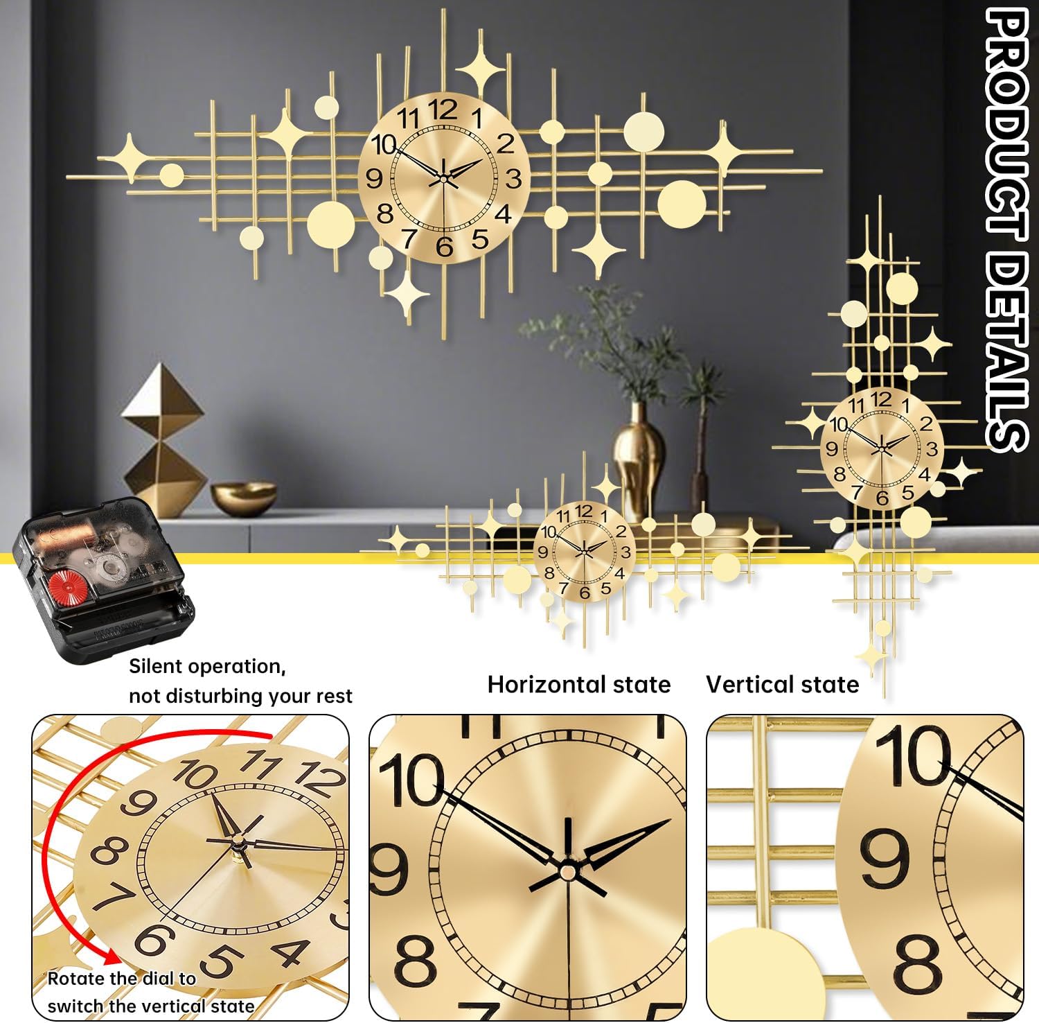 SIN&MI Wall Clock,Large Wall Clocks for Living Room,Silent Non Ticking,Battery Operated Oversized Round Modern Wall Clock for Bedroom,Farmhouse,Office Wall Decor Star, 16.3 * 37.4 Inch