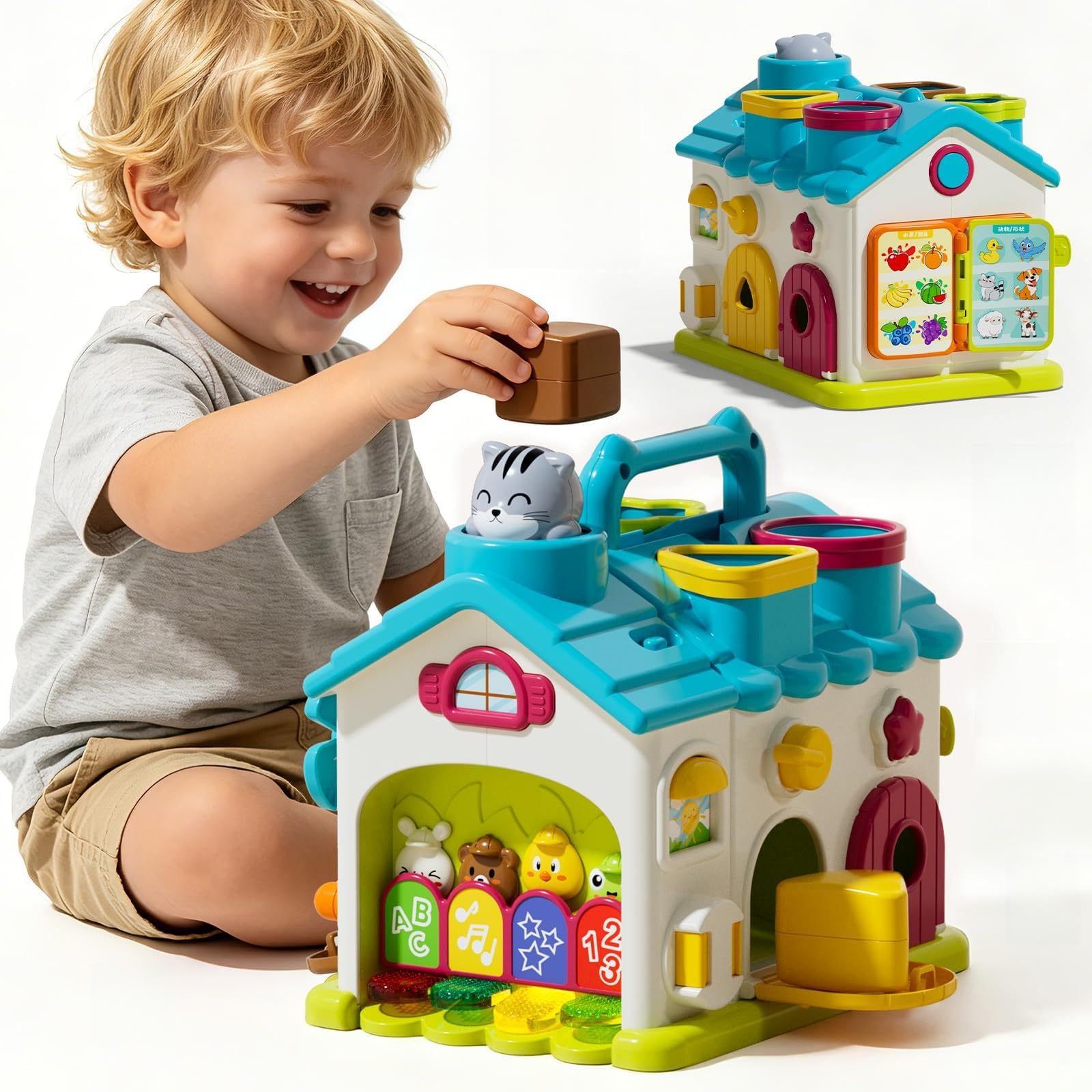 Giocattoli Montessori per bambini di 1-2 anni, 20 in 1 casa di attività educativa musicale con 4 blocchi di forma, giocattolo sensoriale motore fine per bambini da 1 a 3, regalo di primo compleanno