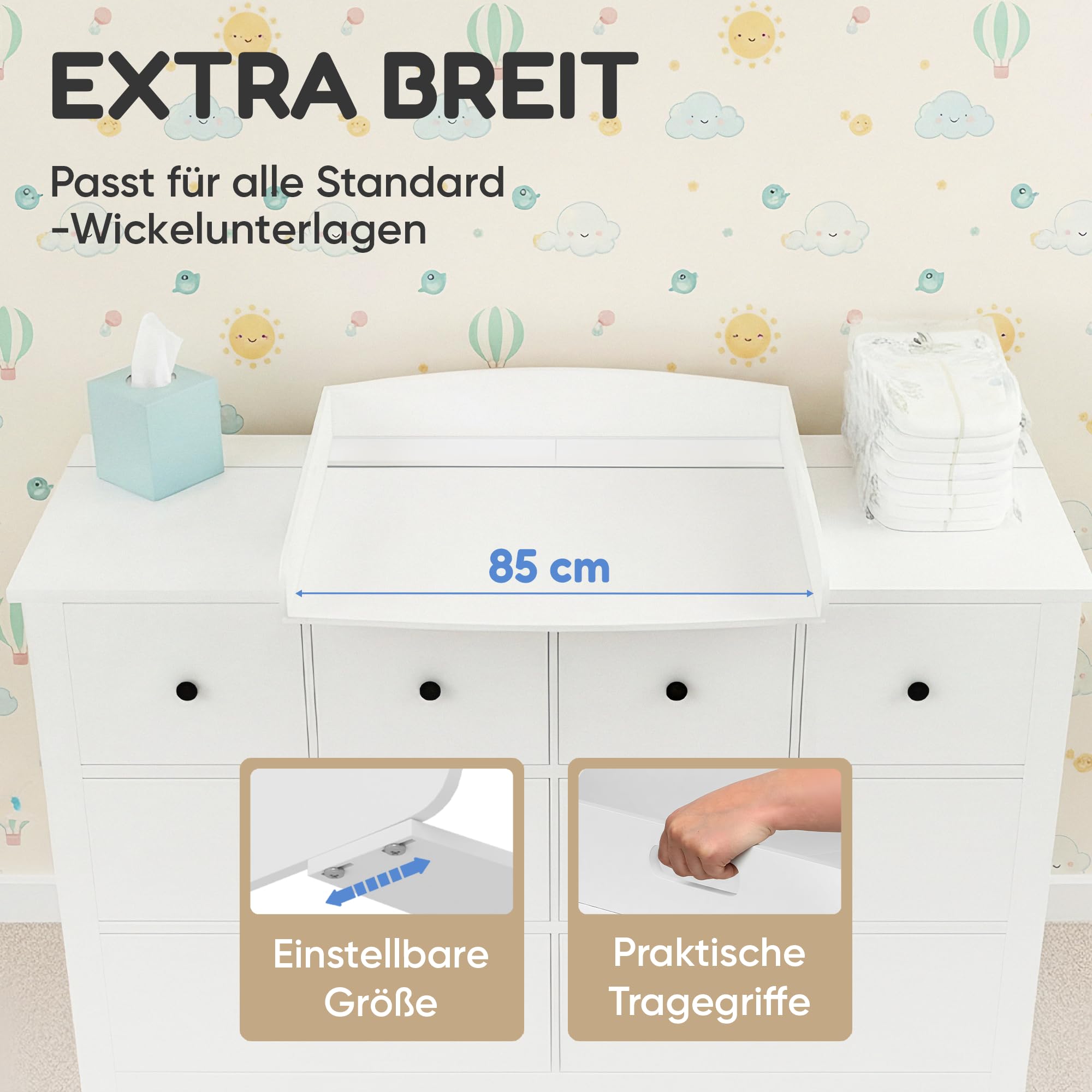 Heldenzimmer Wickelaufsatz Hemnes Kommode & Malm - 108/160cm & Ohne Lücke | Wickelaufsatz Malm Kommode passend für große und kleine Hemnes Organizer Wickelauflage Baby Kinderschrank Wickeltisch