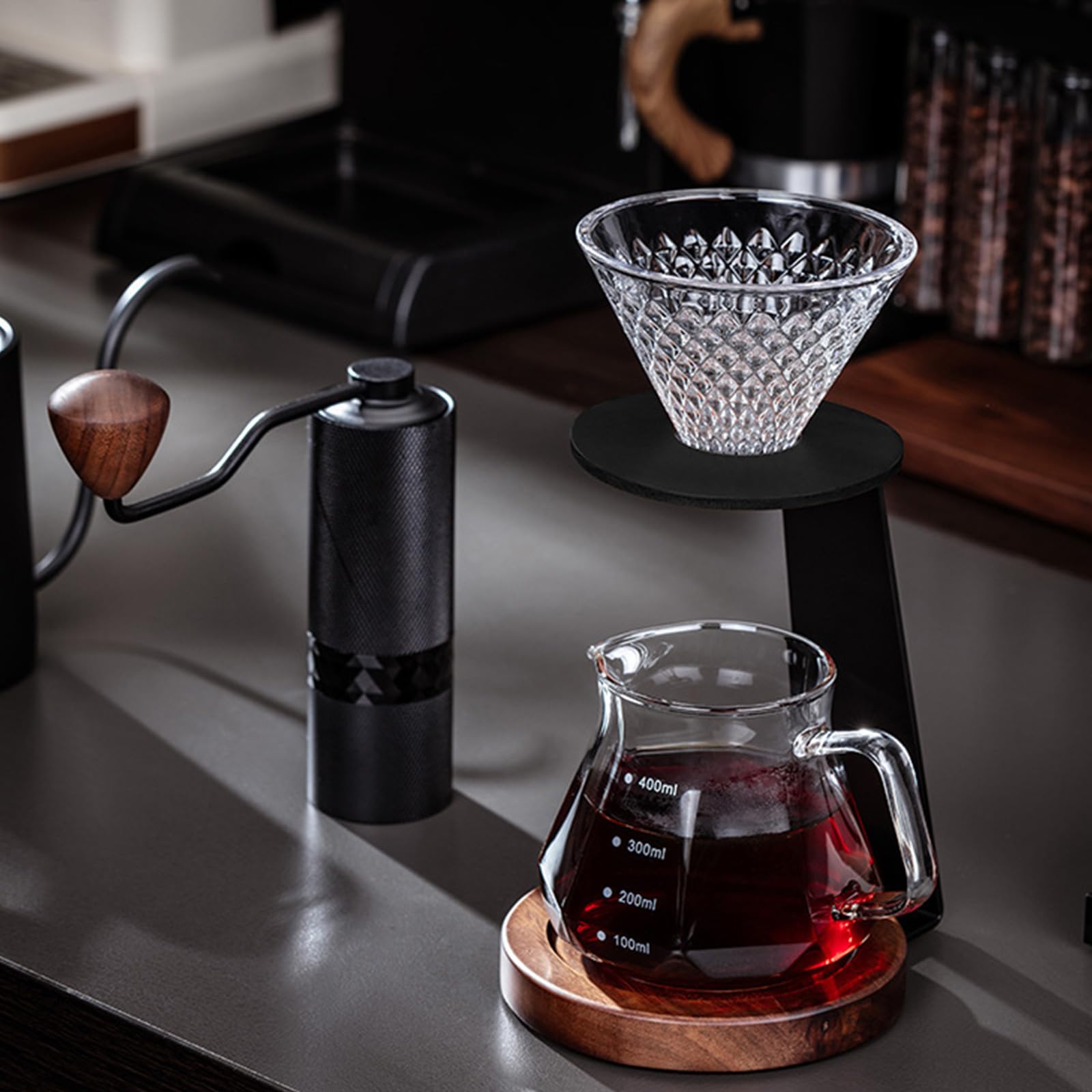 Robusto Set Supporti per gocciolatore per caffè con Struttura in Metallo Include Bicchieri in Vetro, Accessori per Macchina da caffè con Base in Legno, Supporto per Macchina per Gocce a Mano