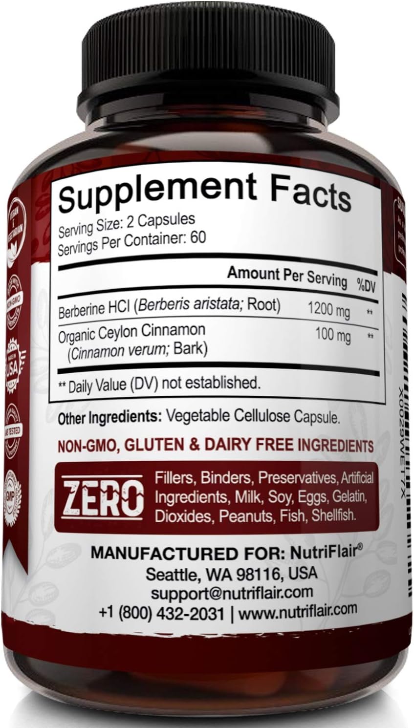 NutriFlair Premium Berberine HCL 1200mg Plus Pure, True Ceylon Cinnamon - 120 Capsules - Healthy Blood Sugar, Glucose Metabolism, Immune System, Insulin Support - Berberine HCI Root Supplement Pills : Health & Household