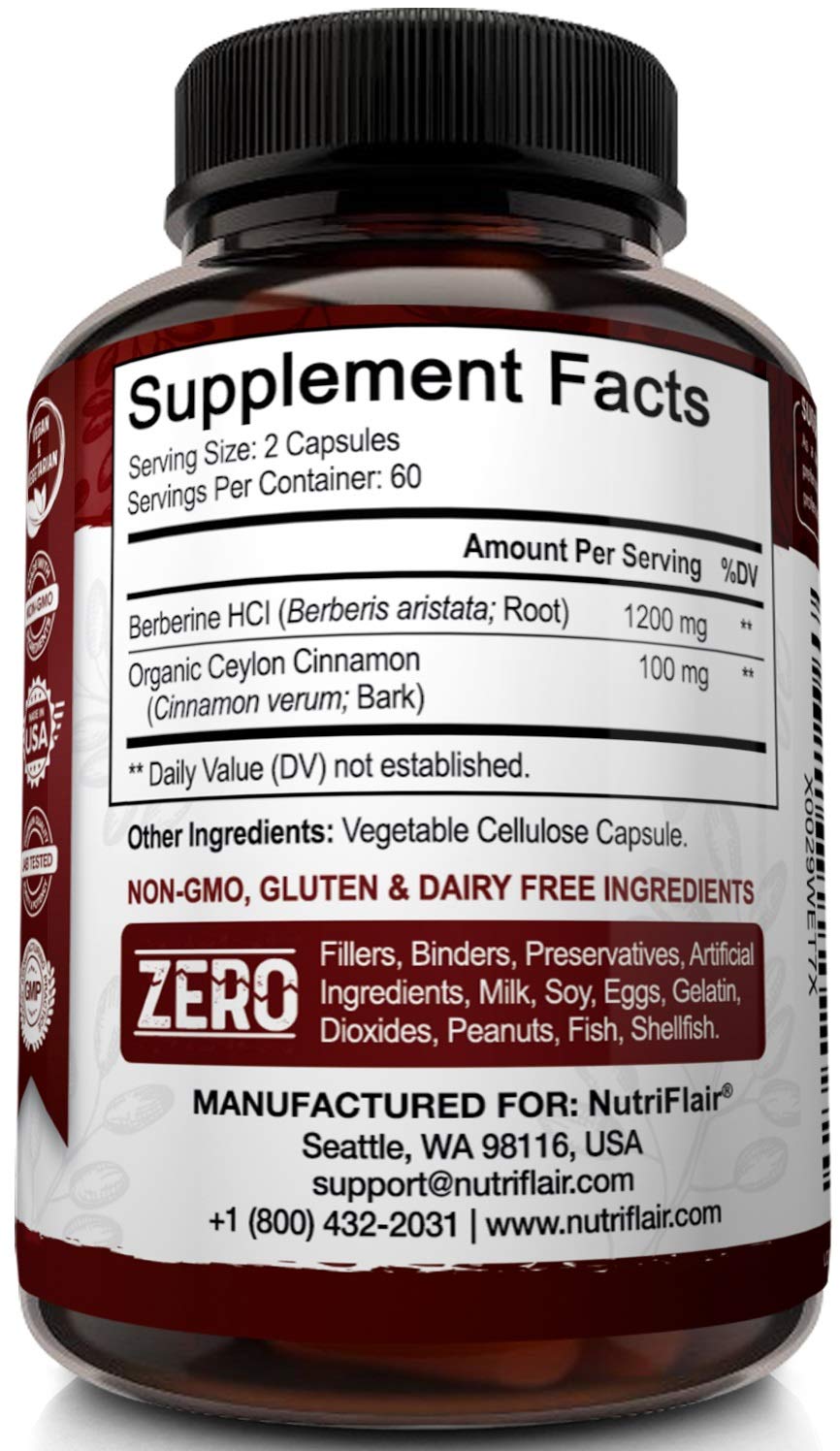 NutriFlair Premium Berberine HCL 1200mg Plus Pure, True Ceylon Cinnamon