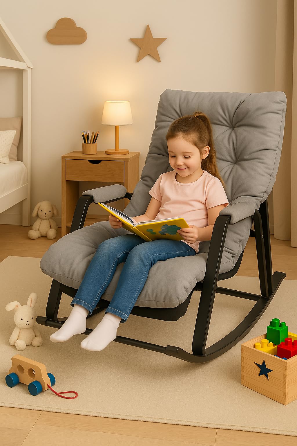 Schaukelstuhl Schaukelstuhl für Kinder 3 Jahre + mit Armlehnen und Seitentasche, Stahlgestell, Fußstütze verstellbar in 5 Höhen, Tragkraft 250 kg, Wohnzimmer, Schlafzimmer, Grau