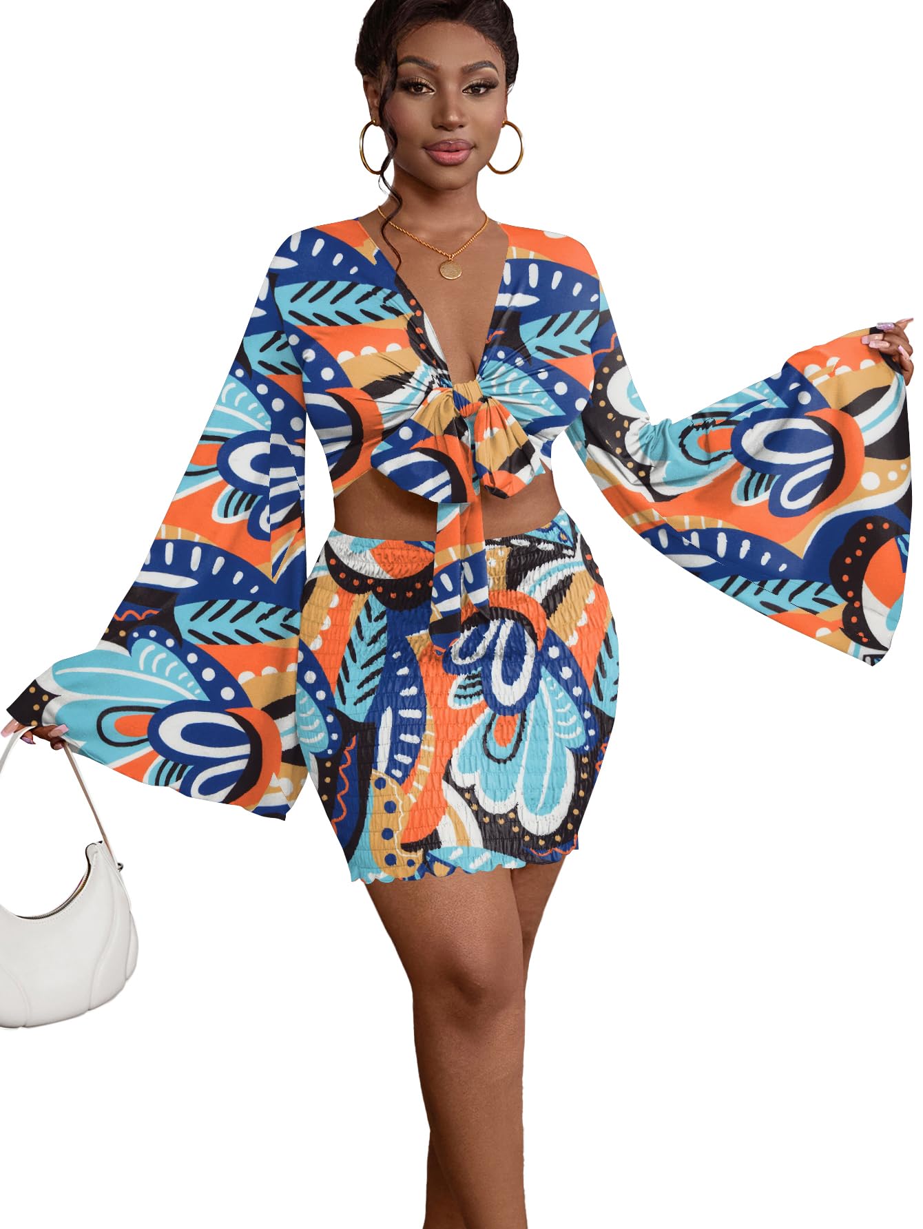 LYANER Women 2 Piece Vacation Outfits Tie Knot Front Bell Long Sleeve Crop Top and Mini Skirt Summer Set