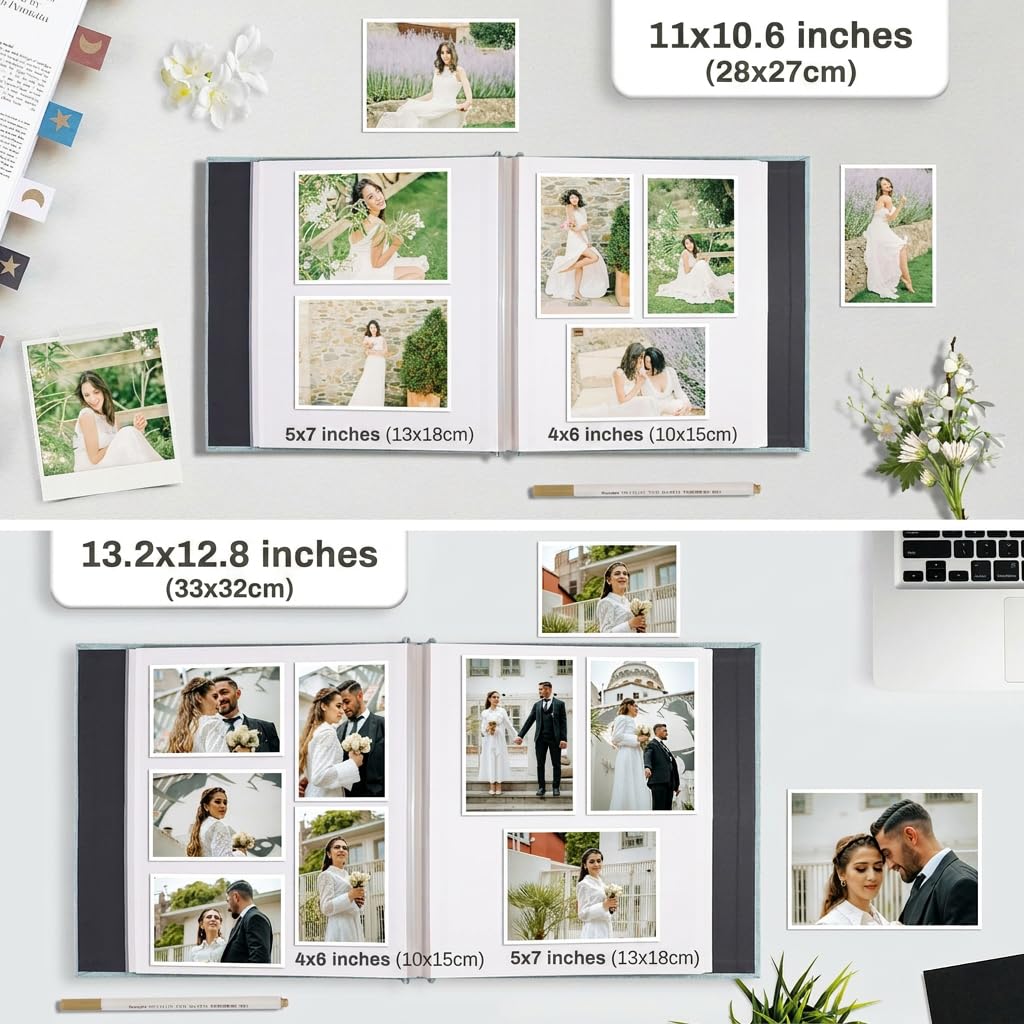 Fotoalbum Selbstklebend 33x32 CM Photo Album, 60 Seiten Blau | Groß Fotobuch zum Selbstgestalten Einkleben Scrapbook mit Bildanzeigefenster Leinen für Baby Kinder Hochzeit Gästebuch