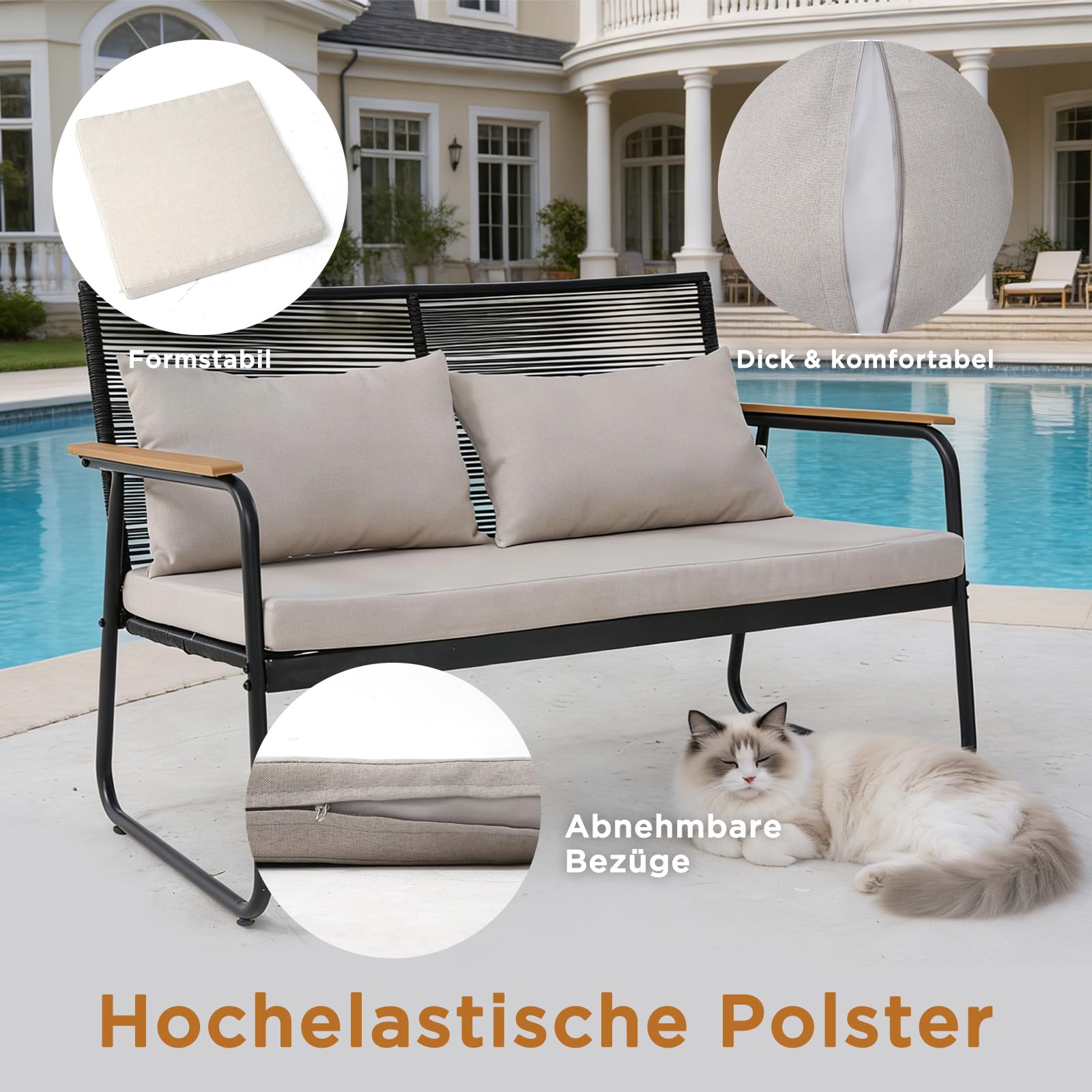 Polyrattan Gartenmöbel Set 3-4 Personen, Gartensofa Set mit Tisch & Kissen, Wetterfest & UV-beständig, Balkonmöbel Sitzgruppe für Terrasse & Garten
