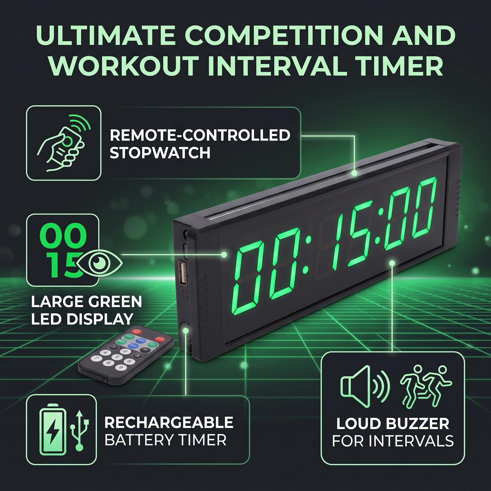 Fafeicy Temporizador de Torneo LED Reloj de Cuenta Regresiva Digital de Aleación de Aluminio Pantalla Verde de 6 Dígitos Control Remoto Recargable de 4000 MAh para Gimnasio Reuniones de