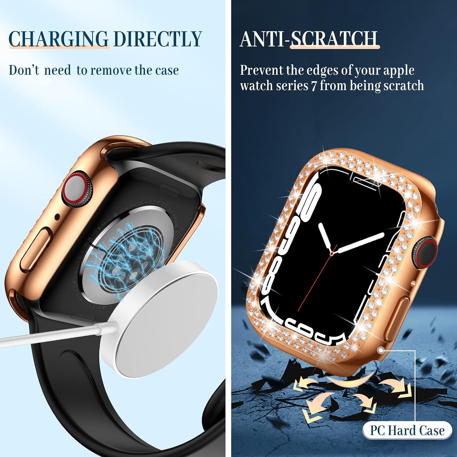 Goton Case Compatible for Apple Watch Screen Protector Series 7, PC Hard Edge Cover Diamond Bumper Accessories for iWatch Women (Rosegold, 41mm)