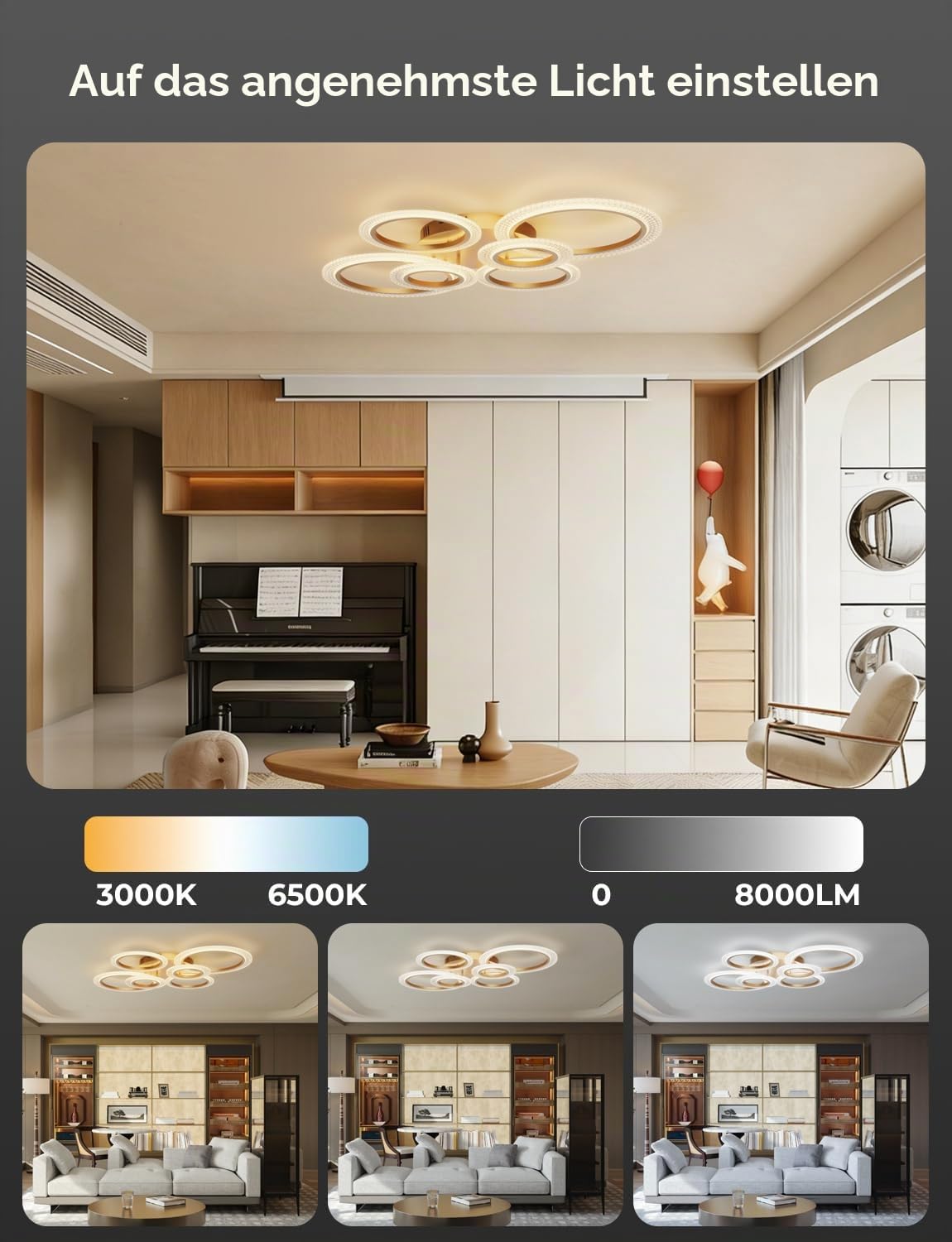 Smart LED Deckenleuchte Dimmbar 88cm, WiFi Deckenlampe, Alexa & Google Home Kompatibel, CCT 3000K-6500K Stufenlos Einstellbar mit Fernbedienung & App, Modernes Design für Wohnzimmer, Gold