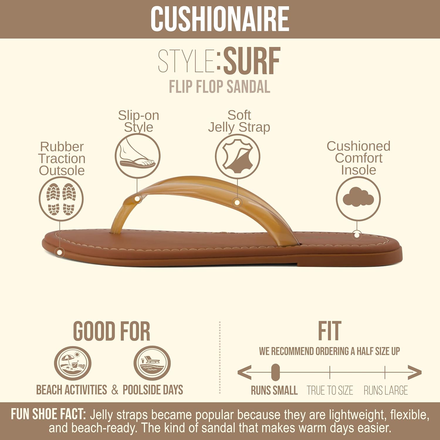 CUSHIONAIRE Surf Flip Flop Sandals for Women with Flexible Sole and Soft Jelly Strap, Lightweight Casual Slides