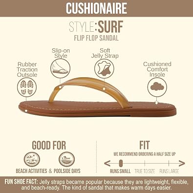 CUSHIONAIRE Surf Flip Flop Sandals for Women with Flexible Sole and Soft Jelly Strap, Lightweight Casual Slides