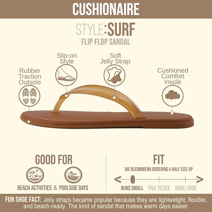 CUSHIONAIRE Surf Flip Flop Sandals for Women with Flexible Sole and Soft Jelly Strap, Lightweight Casual Slides