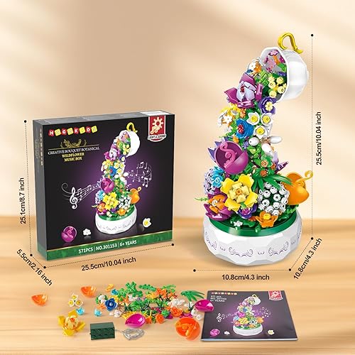 Miniatura 6 de HOGOKIDS Kit de bloques de construcción de caja de música de flores con luz, 571 piezas de decoración del día de la madre, caja de música giratoria,