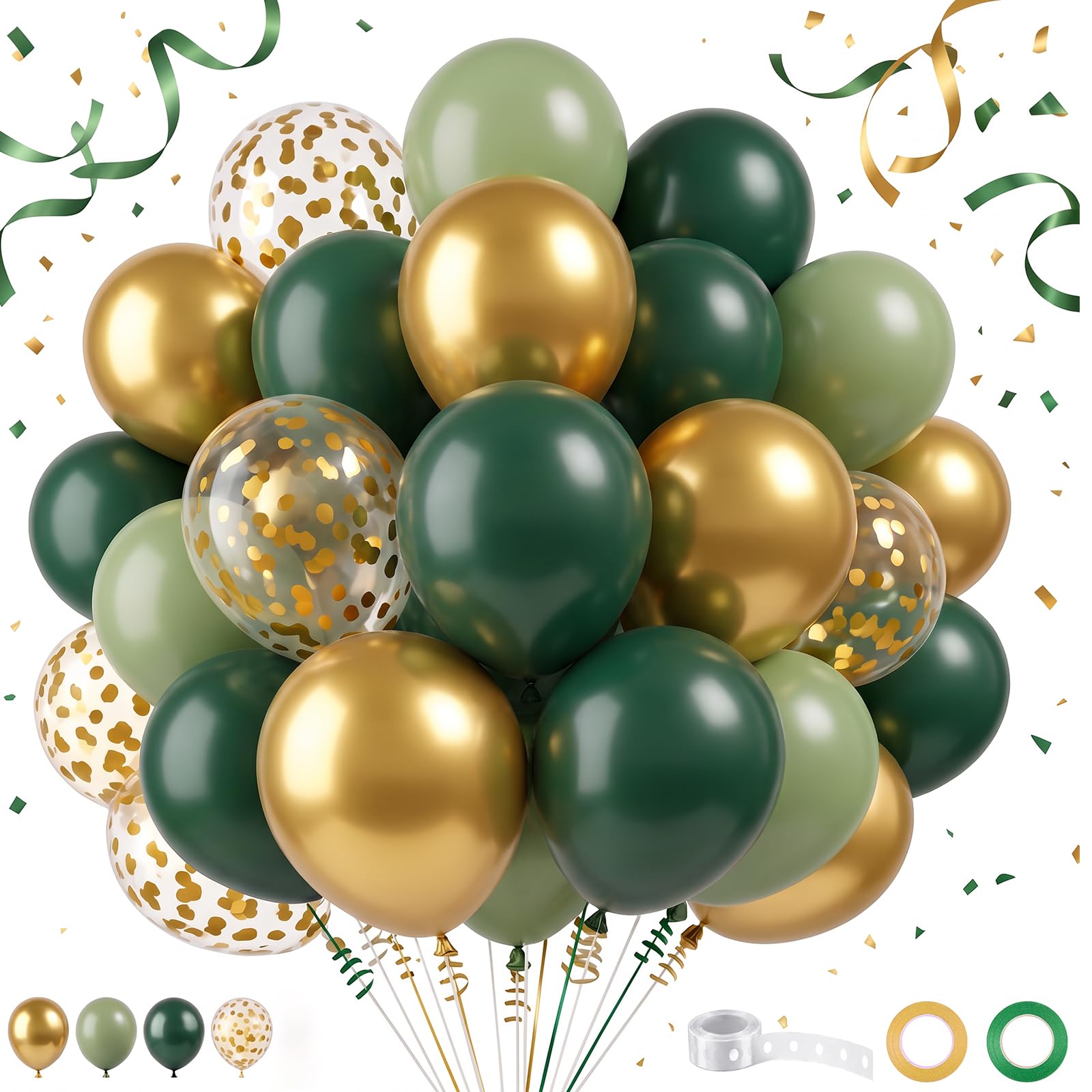Dark Green and Gold Balloons 50 Pack - 12 Inch Thick Latex Party Balloons