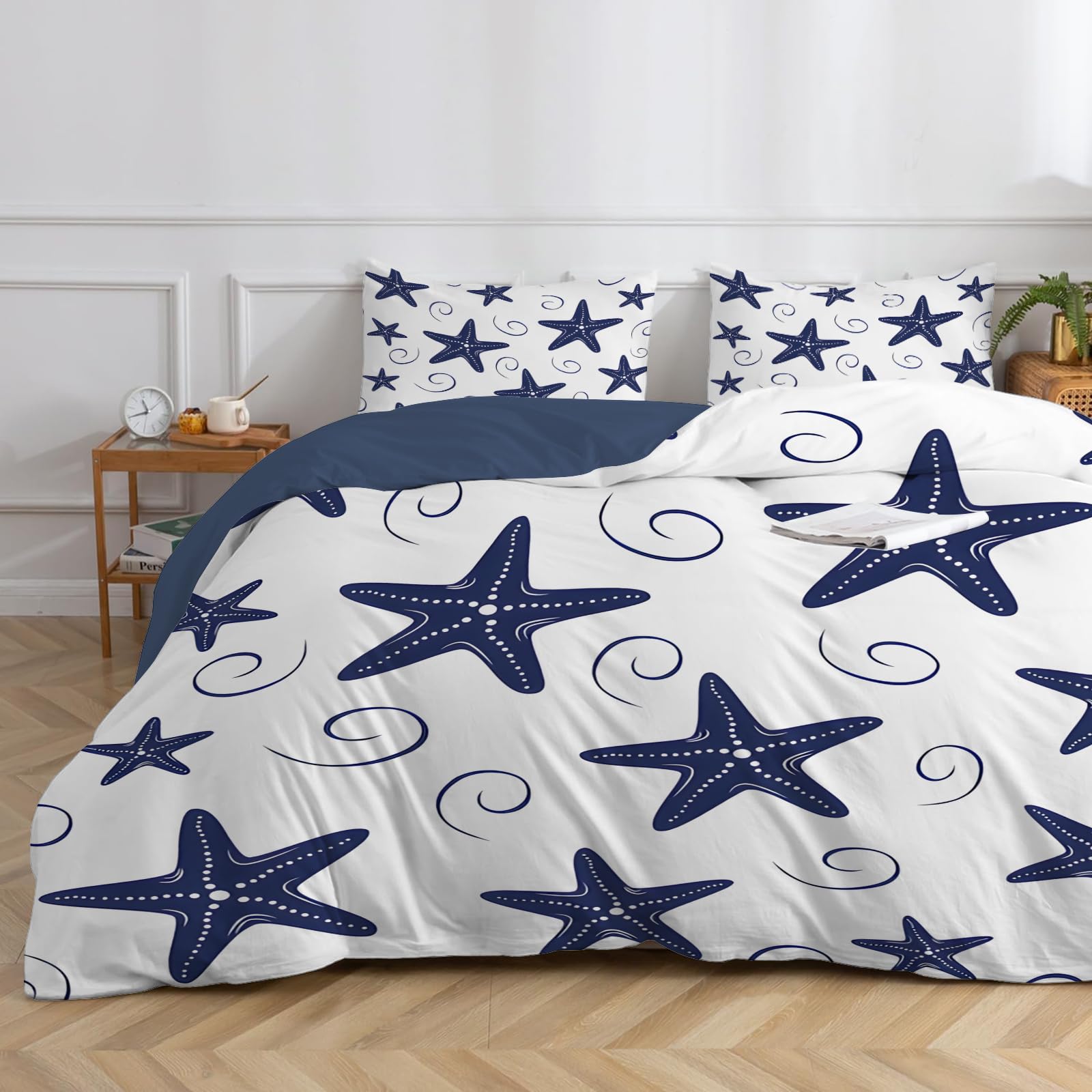 Funda Nordica Cama 180 con Estrella de Mar, Juego de Cama Microfibra Lisa de Azul Marino Blanco, Funda Nordica 240x260 cm Reversible Transpirable con 2 Fundas de Almohada 50x75 cm