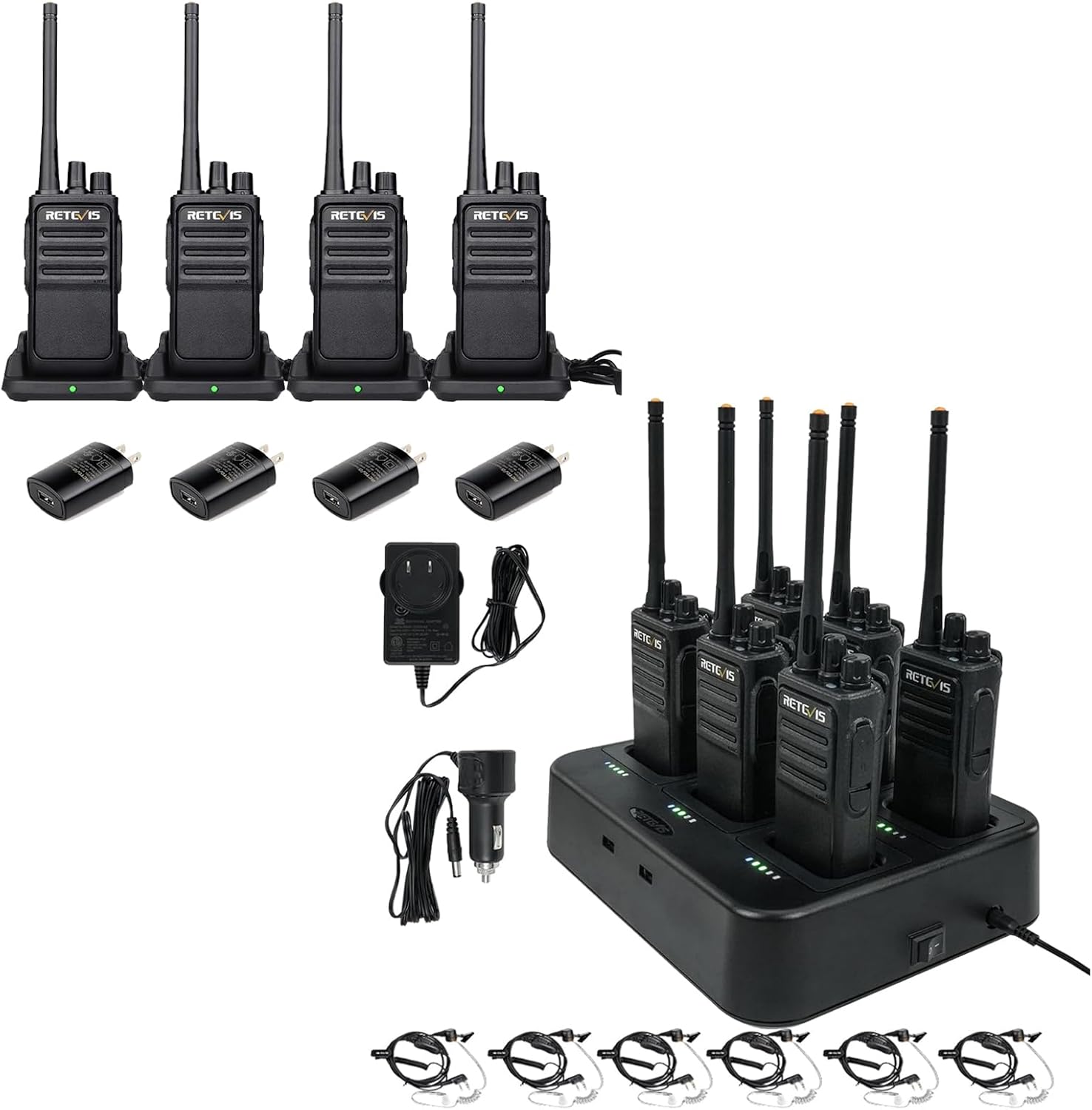 Retevis RT17 Walkie Talkies with Earpiece, with 6 Way Multi Gang Charger, 2 Way Radio Long Range for School Security Warehousing Retail Clinic (10 Pack)