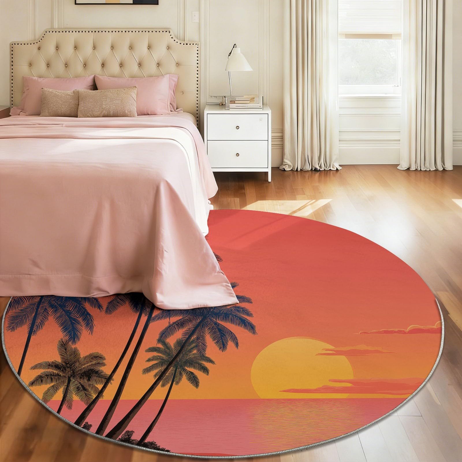 Teppich Rund 120 cm, Mehrfarbig Weich und Flauschig Teppich, Gegend Kreis rutschfest Waschbar Modern Strand Sonnenuntergang Palmen Bedruckt Bodenteppich für Wohnzimmer Schlafzimmer
