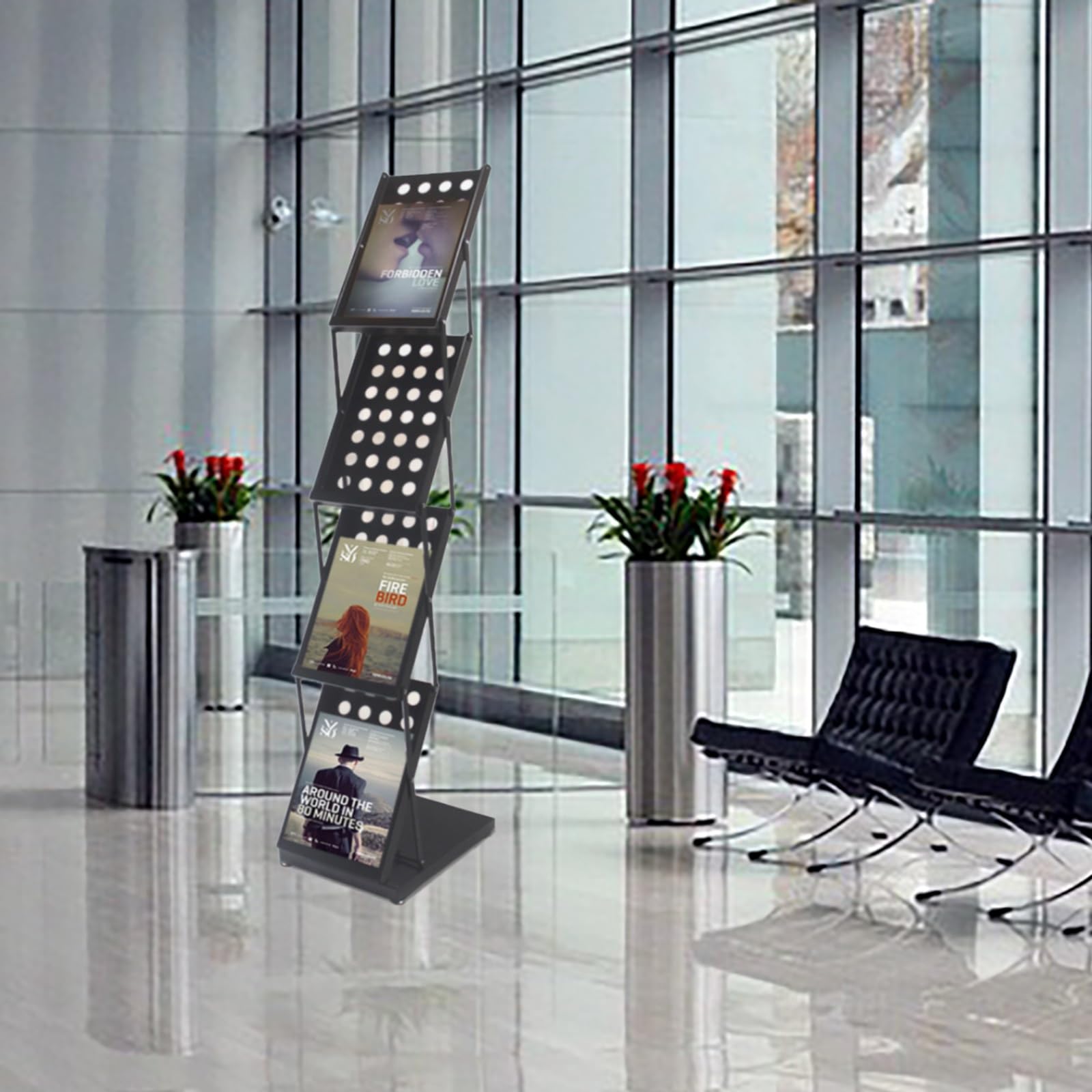 Faltbar Katalogständer Prospektständer, Zeitschriftenhalter Tragbar aus Metall Inkl Lochdesign, Prospekthalter für Heim Büro Messe Ausstellungen(Black)