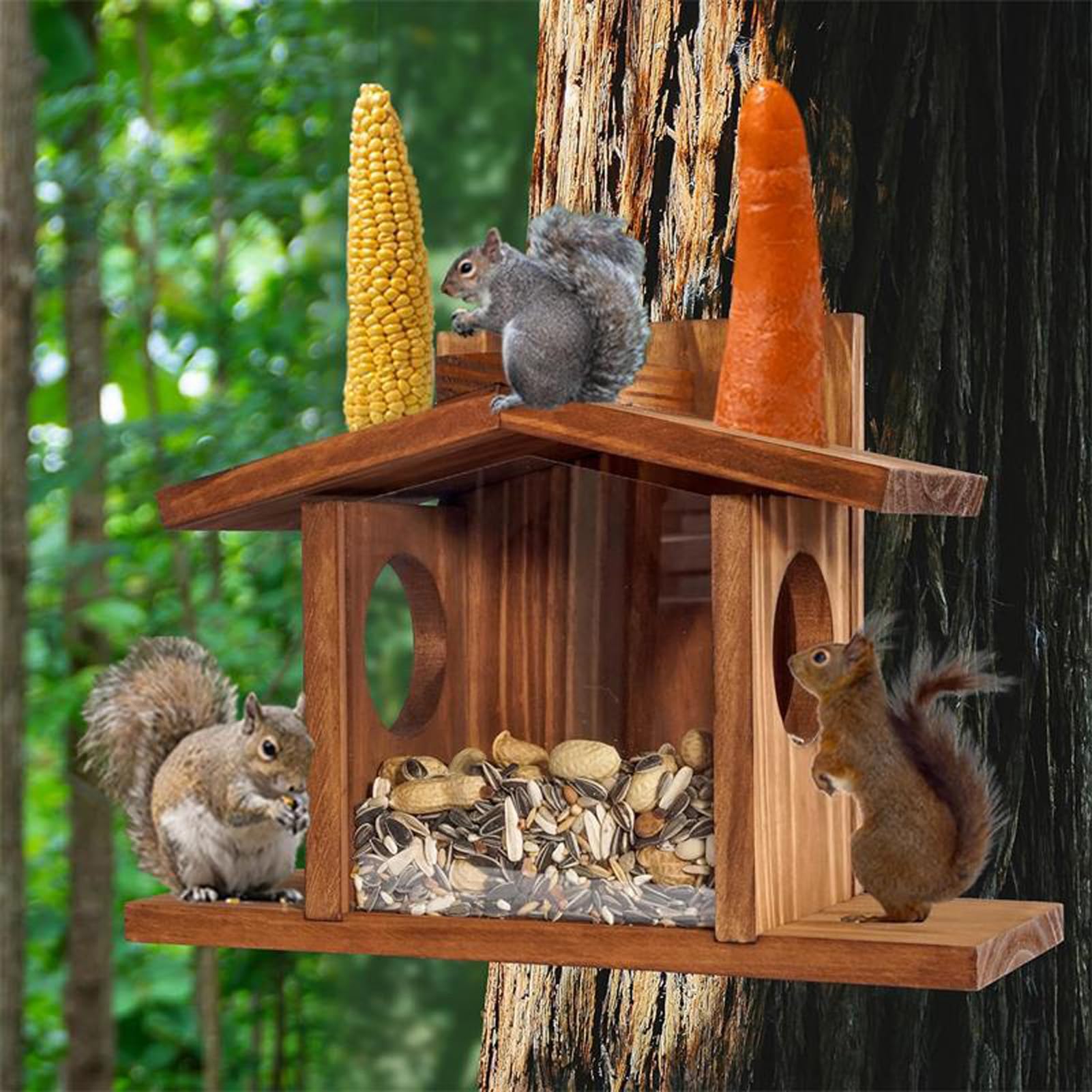 Mangiatoia in legno per scoiattoli, per esterni, da appendere, per animali domestici, criceti, orsi dorati, dispenser di cibo in legno massello, A