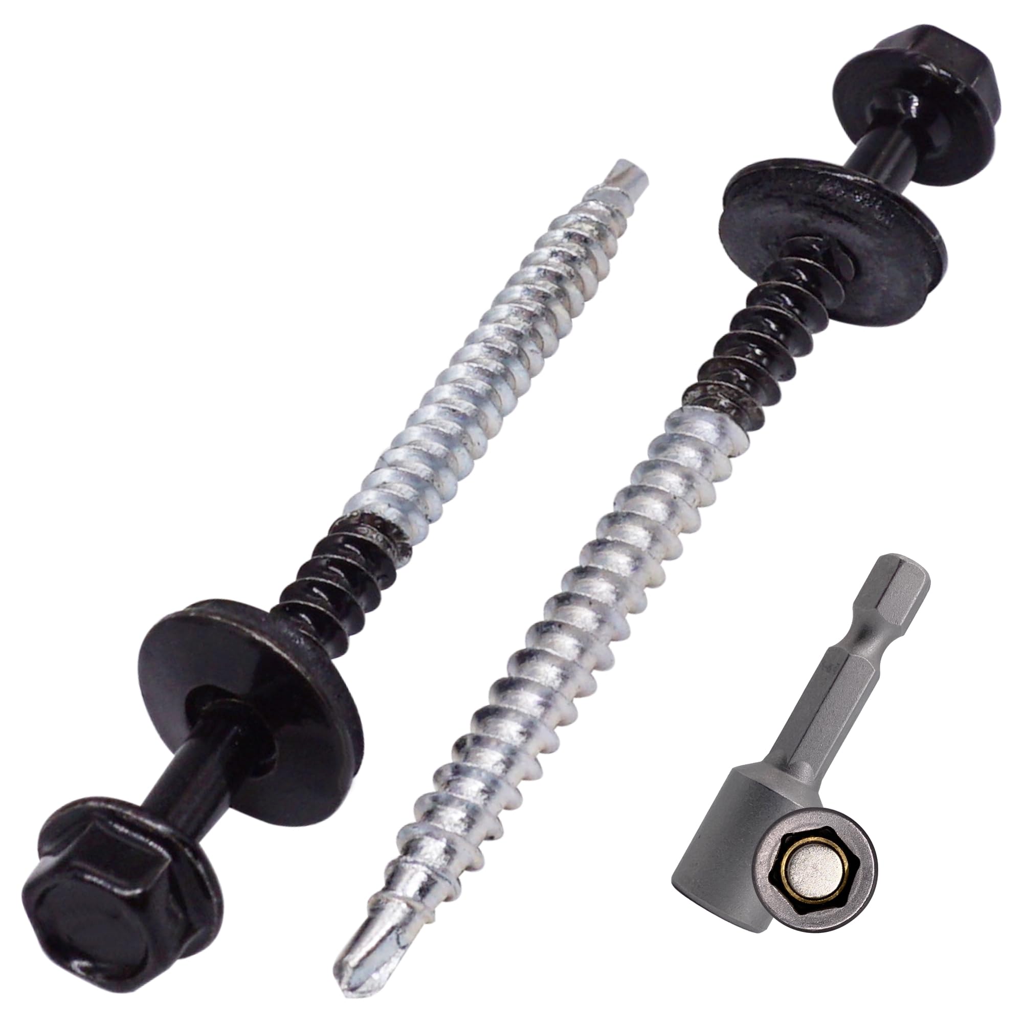 SKIR'CO (10 pcs) Painted Roofing Screws 4.8 x 70 mm, Hex Head, Self-Drilling Screws With EPDM Washers (Jet Black, RAL 9005)