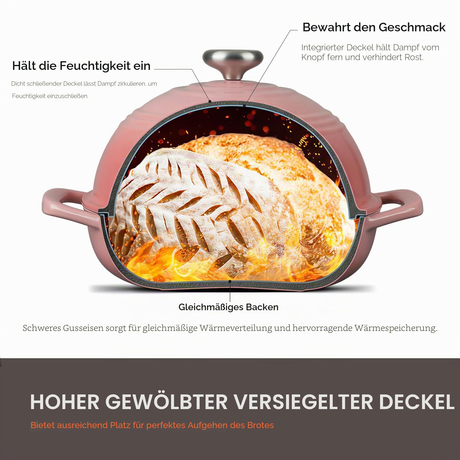 Overmont Gusseisen Topf Emaille Brotbacktopf - 5.7L Bräter Schmortopf mit Deckel und Kochbuch – für Küche Backen Schmoren Braten - Rosa | Hoher Brottopf mit Topflappen, für Sauerteigbrot Backen Handwerkerbrote, knusprige Kruste & bessere Ofenfeder, 260°C