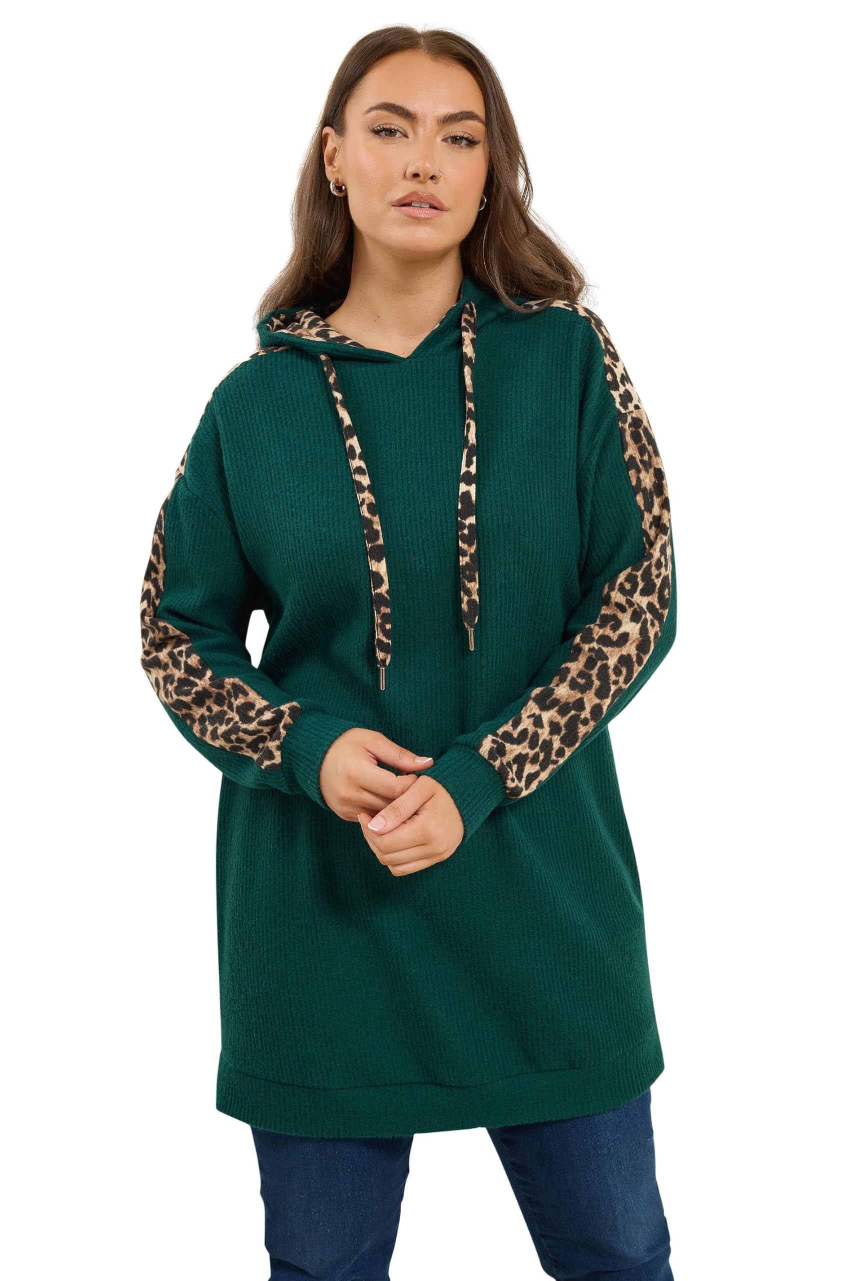 Yours Women's Green Leopard Print Trim Hoodie In | Size: 18