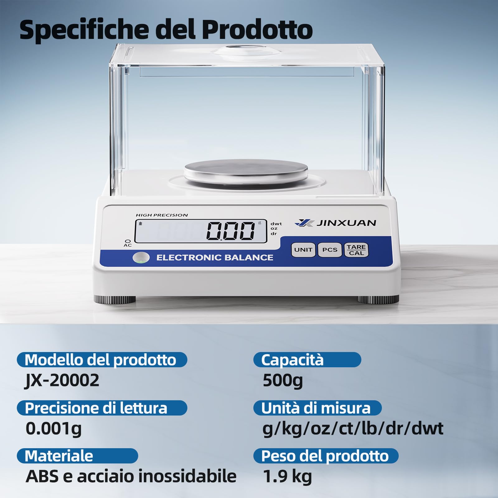 Bilancia da laboratorio 500 g x 0,001 g, bilancia analitica mg, bilancia di precisione per gioielli, con una precisione di 0,001 grammi