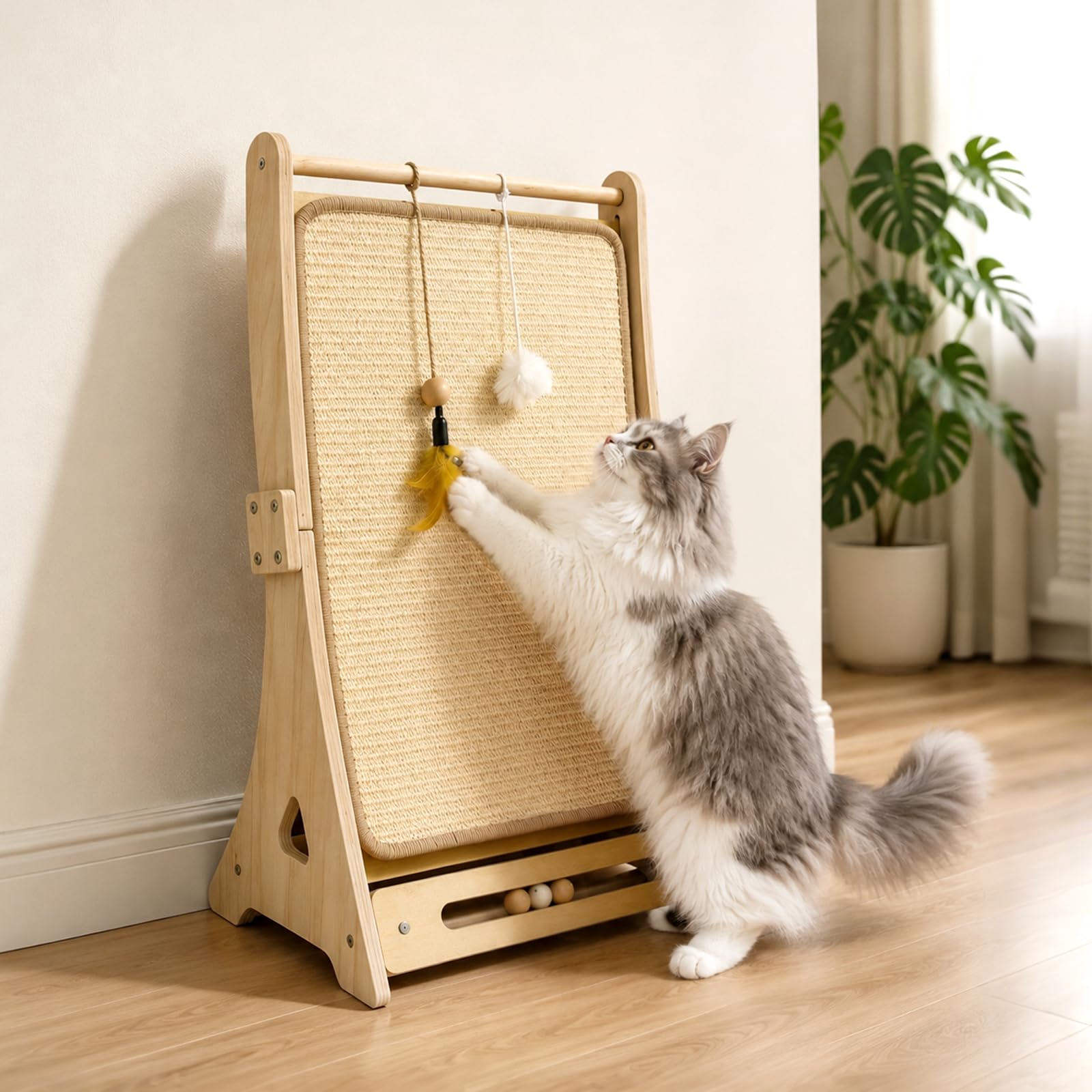 DONWEI Rascador para Gatos Sisal, Curvo Apto Pared y Esquina Todo Felinos | Torre Ergonómica 60° Doble Uso, Base Haya Maciza, Rascador Sisal Denso Reemplazable, 3 Juguetes Para Gatos Grandes, 65CM