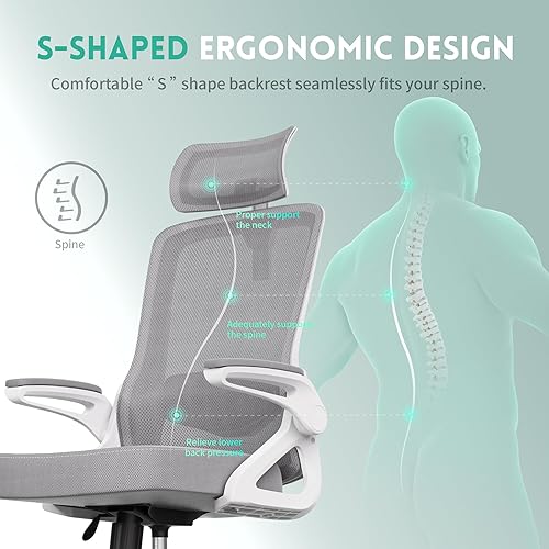 Miniatura 4 de Silla de oficina ergonómica, soporte lumbar ajustable y reposacabezas giratorio, reposabrazos abatibles de 90, silla de escritorio de malla