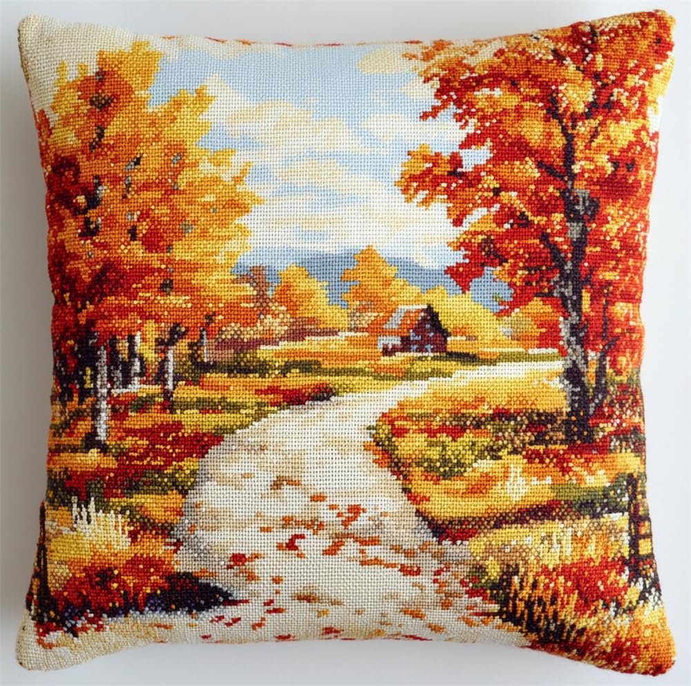 Rqwybcaxn Kit Fai Da Te Per Cuscini 3D, Strada Di Campagna In Autunno Kit Per Ricamo A Punto Croce 43X43Cm, Federa Per Cuscino Da Divano Con Gancio Per Chiusura A Scatto, Adatto Per Bambini E Adulti,