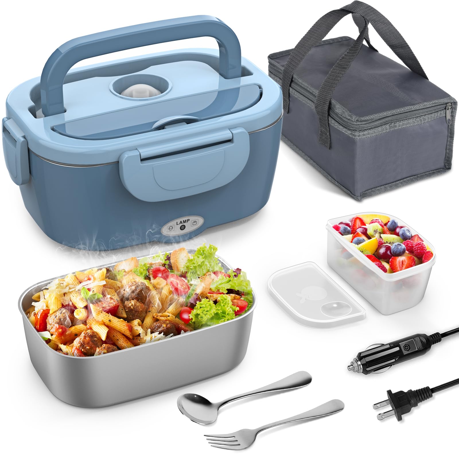 Vingud Electric Lunch Box for Adults, Heated Lunch Box Food Warmer, 80W Portable Heating Lunchbox for Work/Car/Truck, 12/24/110V Lonchera Eléctrica Portátil Christmas White Elephant Gifts, Lake Blue