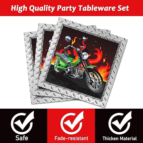 Miniatura 3 de Wiooffen Paquete de 96 piezas de suministros para fiestas de cumpleaños de motociclista, platos de motocross, servilletas, tenedores, juego de