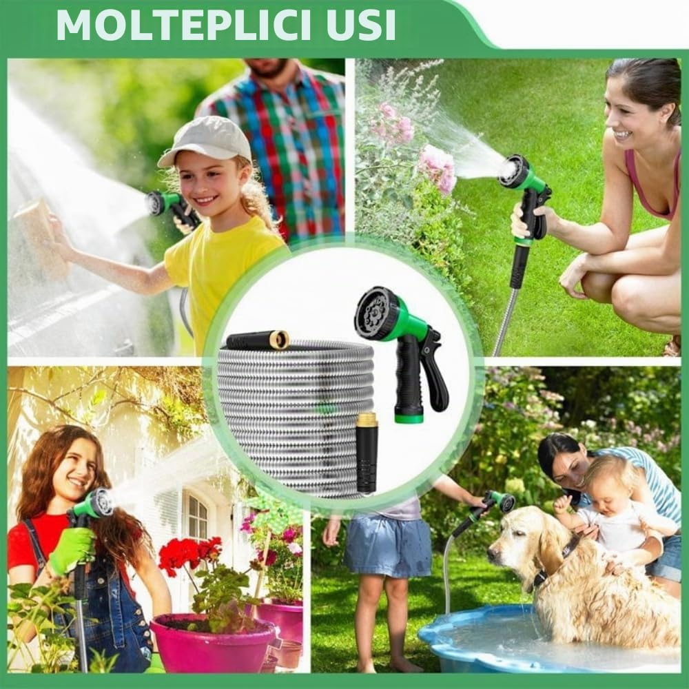 Tubo da giardino in metallo da 30,5 m, in acciaio inox, flessibile e resistente, non si attorciglia, 15,2 m