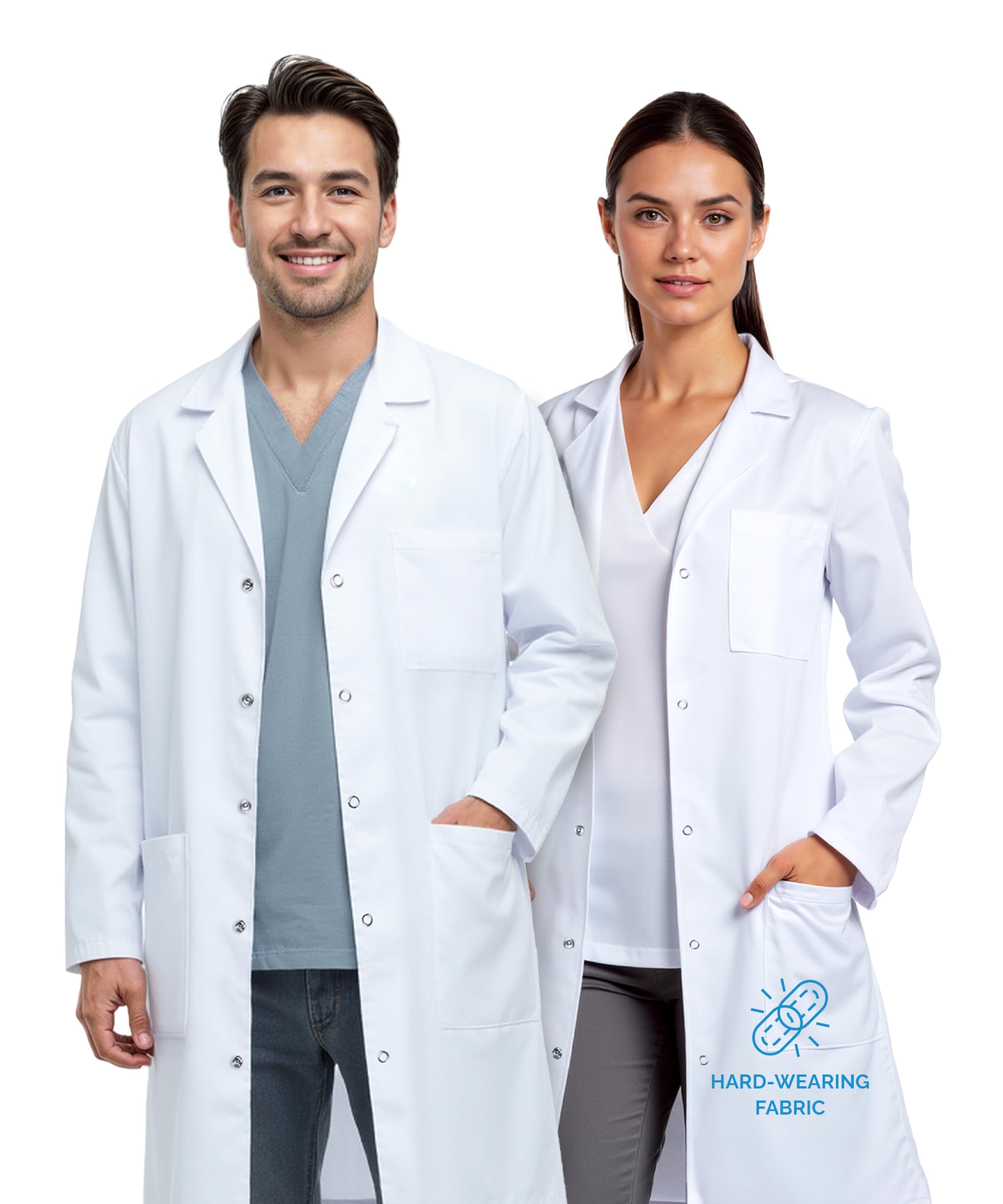 Camice Bianco Laboratorio Unisex Uomo Donna, Lunghezza Ginocchio, Poliestere Cotone 200 GSM, Chiusura Bottoni a Pressione, 3 Tasche, per Medico, Infermiere, Clinica, Scuola e Farmacia