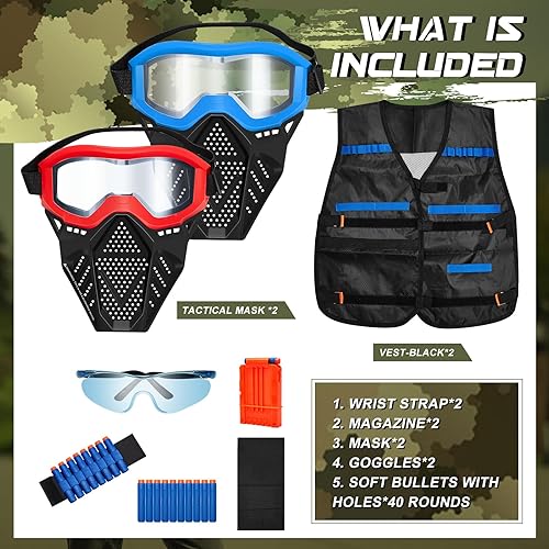 Miniatura 2 de Motionchic 4 piezas de chaleco táctico para niños, máscara táctica incluye 2 juegos de chaleco táctico, kit de 2 piezas de máscara completa para