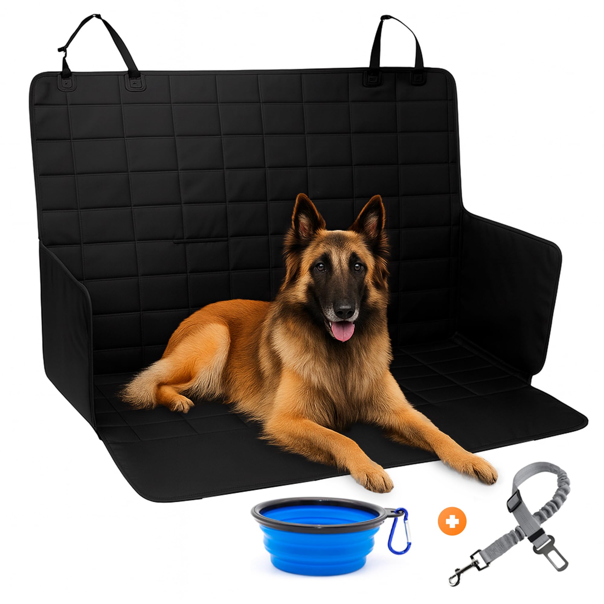 Funda Coche Perro - Protector Coche Asiento Trasero y Maletero, Medidas 147 cm Alto x 135 cm Ancho, Incluye Bebedero Comedero Pleglable y Correa de Seguridad Ajustable, Accesorios Mascotas