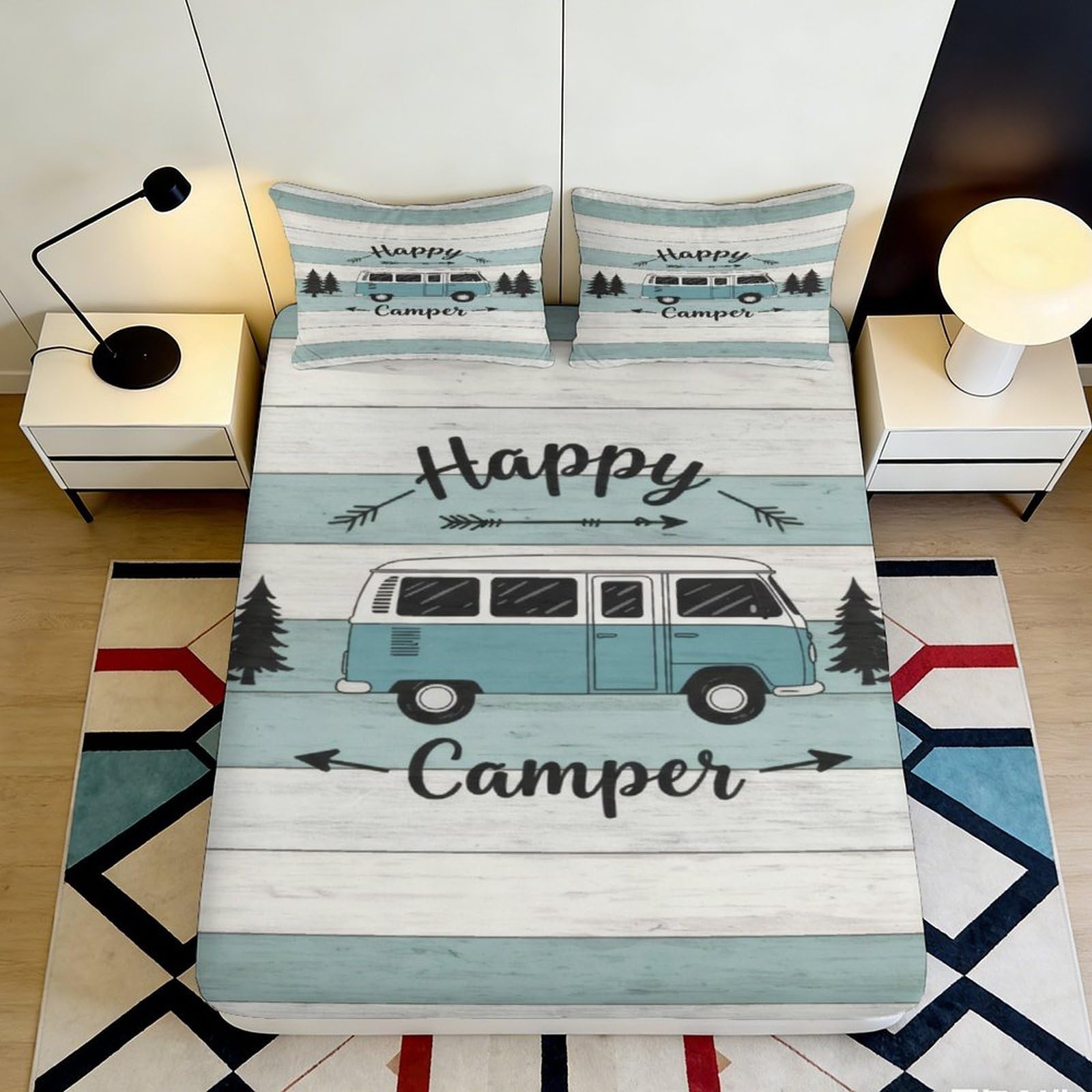 3D Printed Happy Camper Fitted Sheet Microfiber Soft Breathable Camper Van Bed Cover for Bedroom Dormitory Guest Room Mattress Protection 90x200x25cm