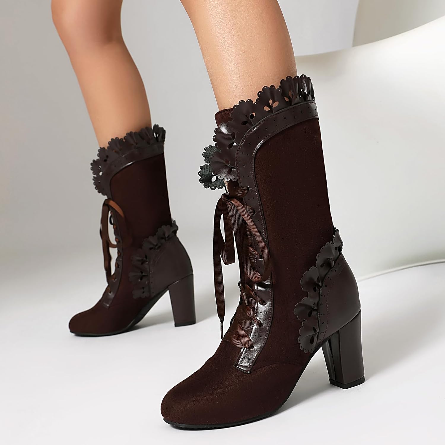 Victorian Boots for Women Vintage Bow Ruffles Goth Boots Costume Lace Up 70S Retro Boots Halloween Witch Stuff Cuban Heel Mid Calf Boots