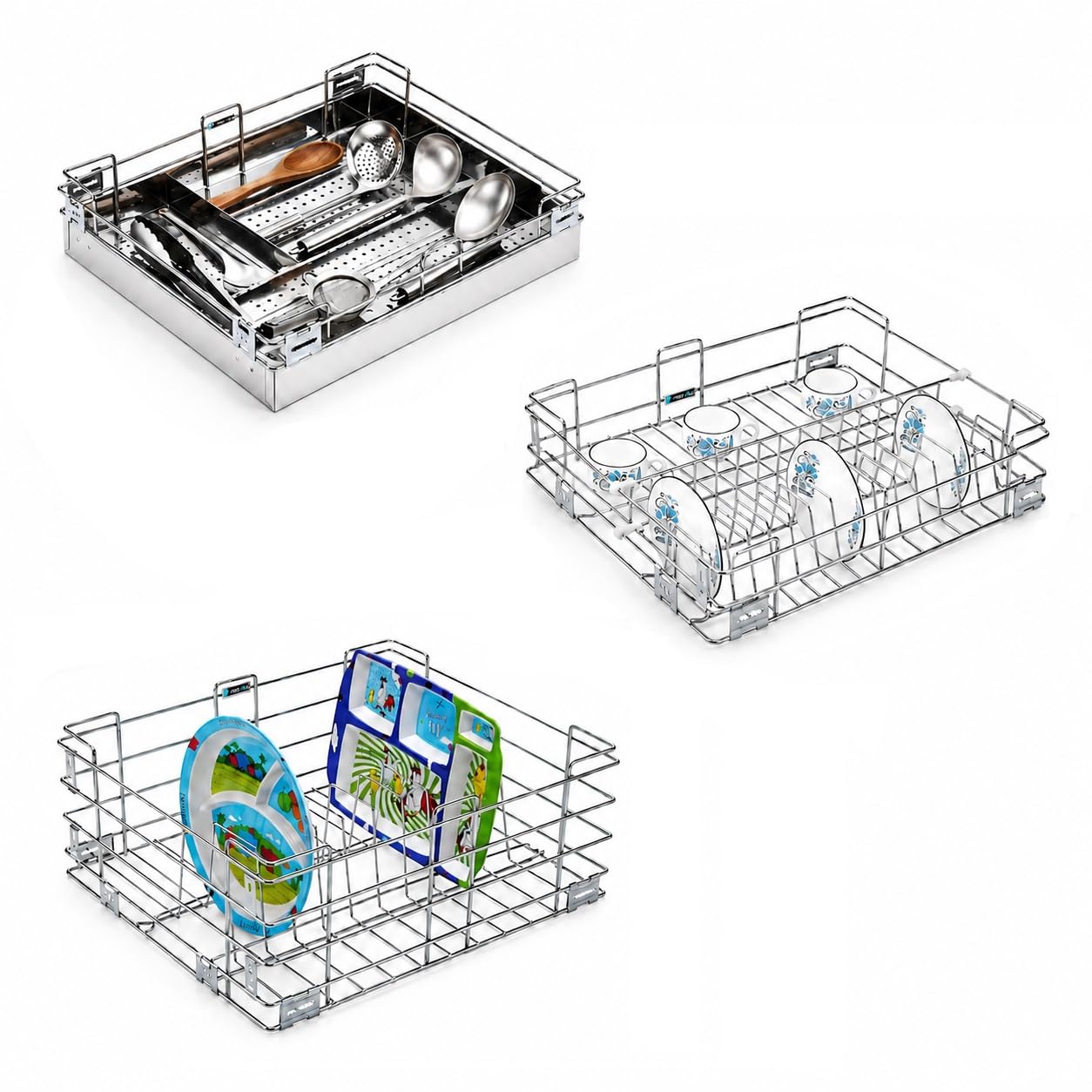smartslide set of 3 stainless steel pull-out kitchen baskets | modular kitchen drawer organizer (17 x 20 inch) | utensil storage shelf - silver