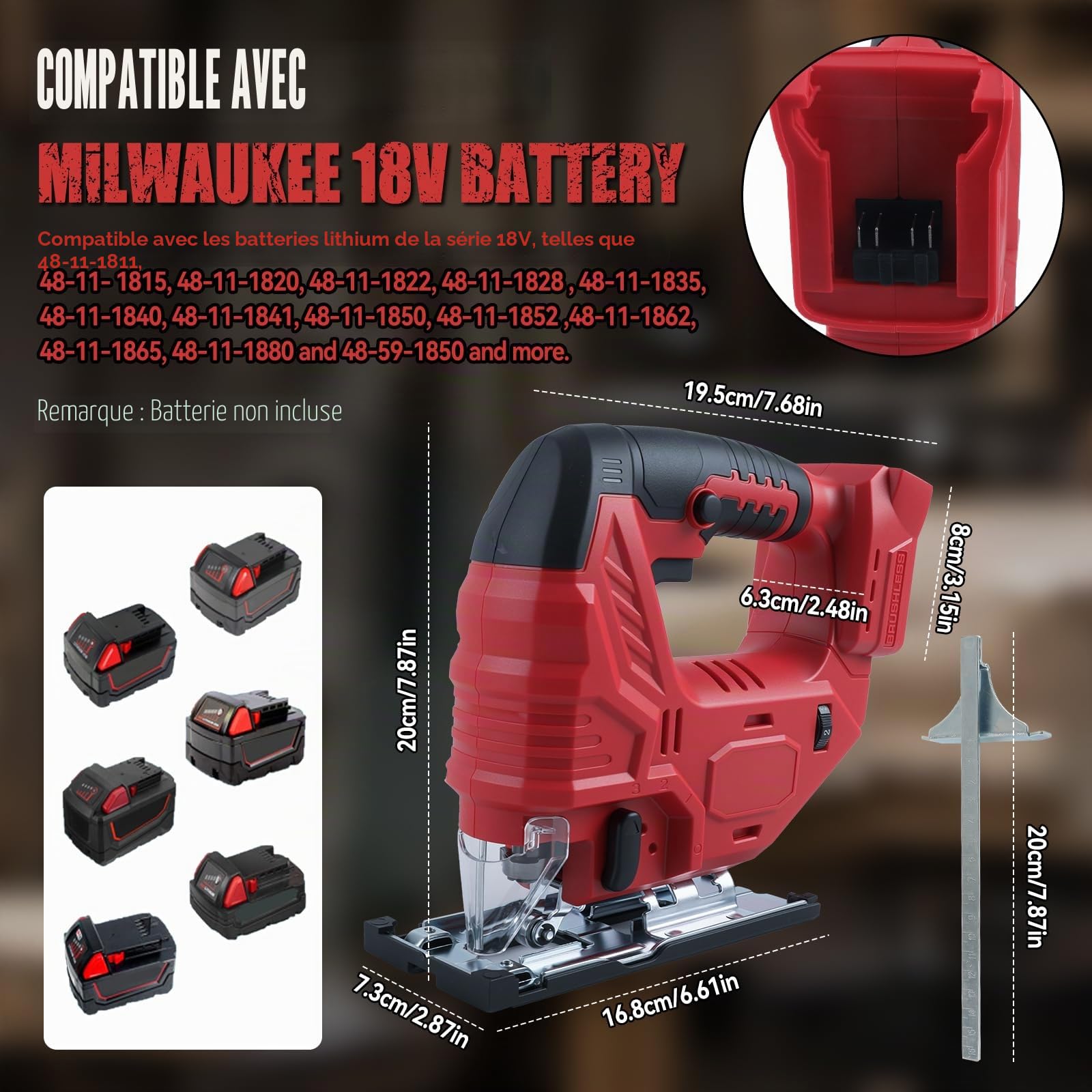 Scie sauteuse sans fil compatible avec batterie Milwaukee 18 V, outil de coupe de scie sauteuse sans balais 400 W 2700 tr/min 45° coupes biseautées pour coupe droite/courbe/cercle (sans batterie)