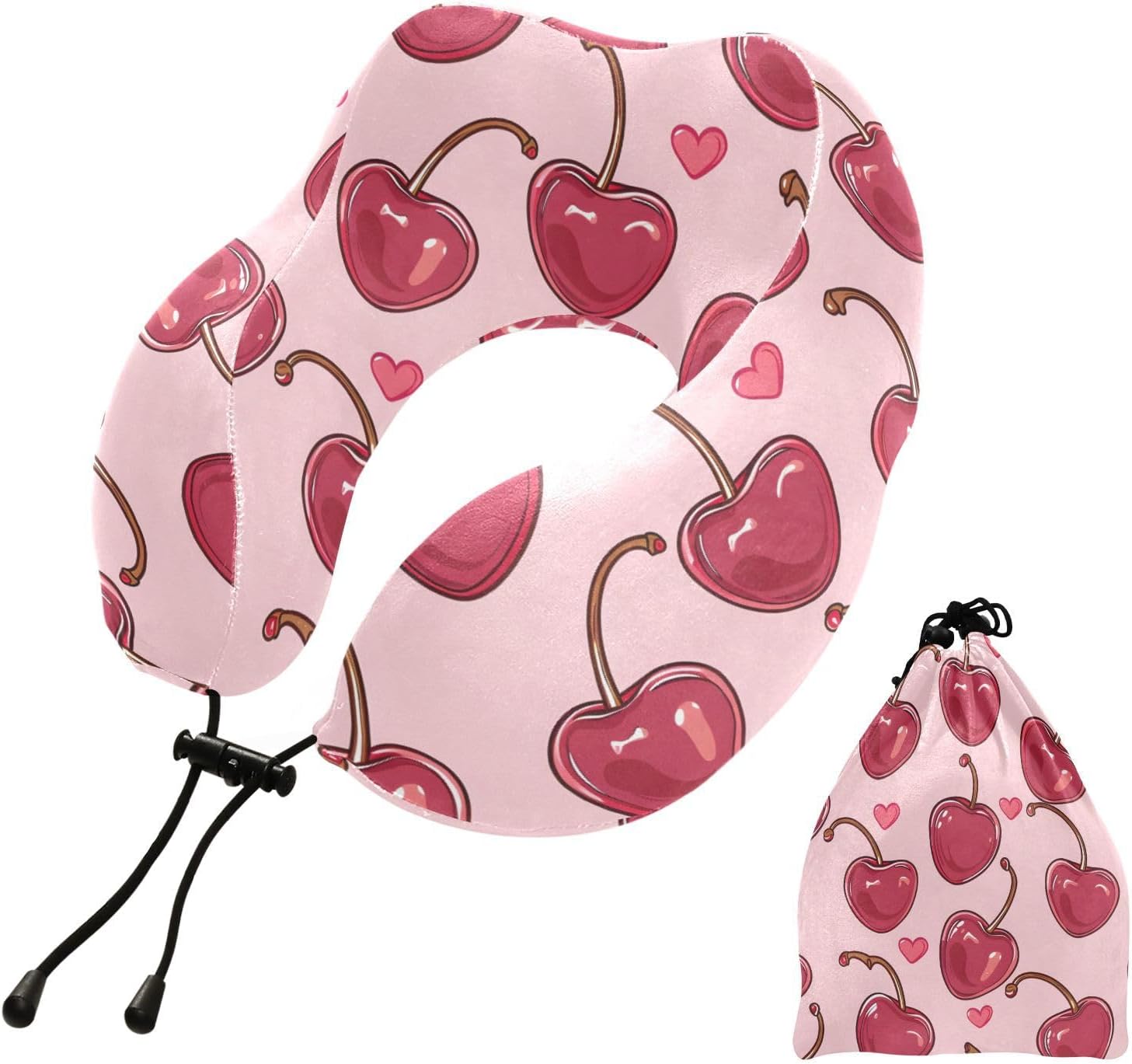 Travel Pillow for Neck Head, Cherries Hearts Pink Background Memory Foam Padding Sleeping Airplane Trains Cars Camping Office