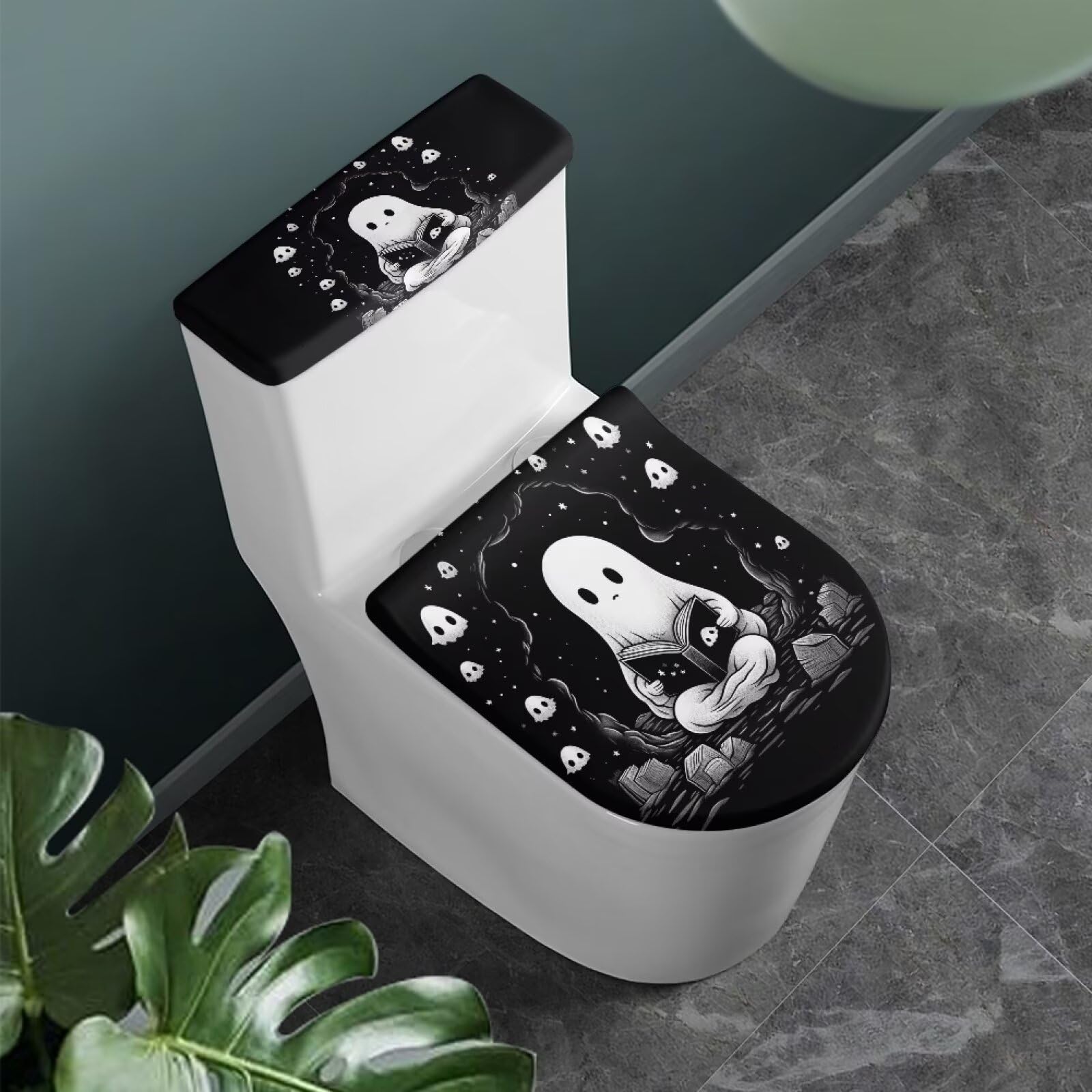 Zanxiantu Halloween Toilet Lid Cover Soft Absorbent Black Ghost Toilet Tank Lid Cover for Bathroom Decor Toilet Lid Seat Cover Set Stretch Washable Spandex Toilet Protector Cover